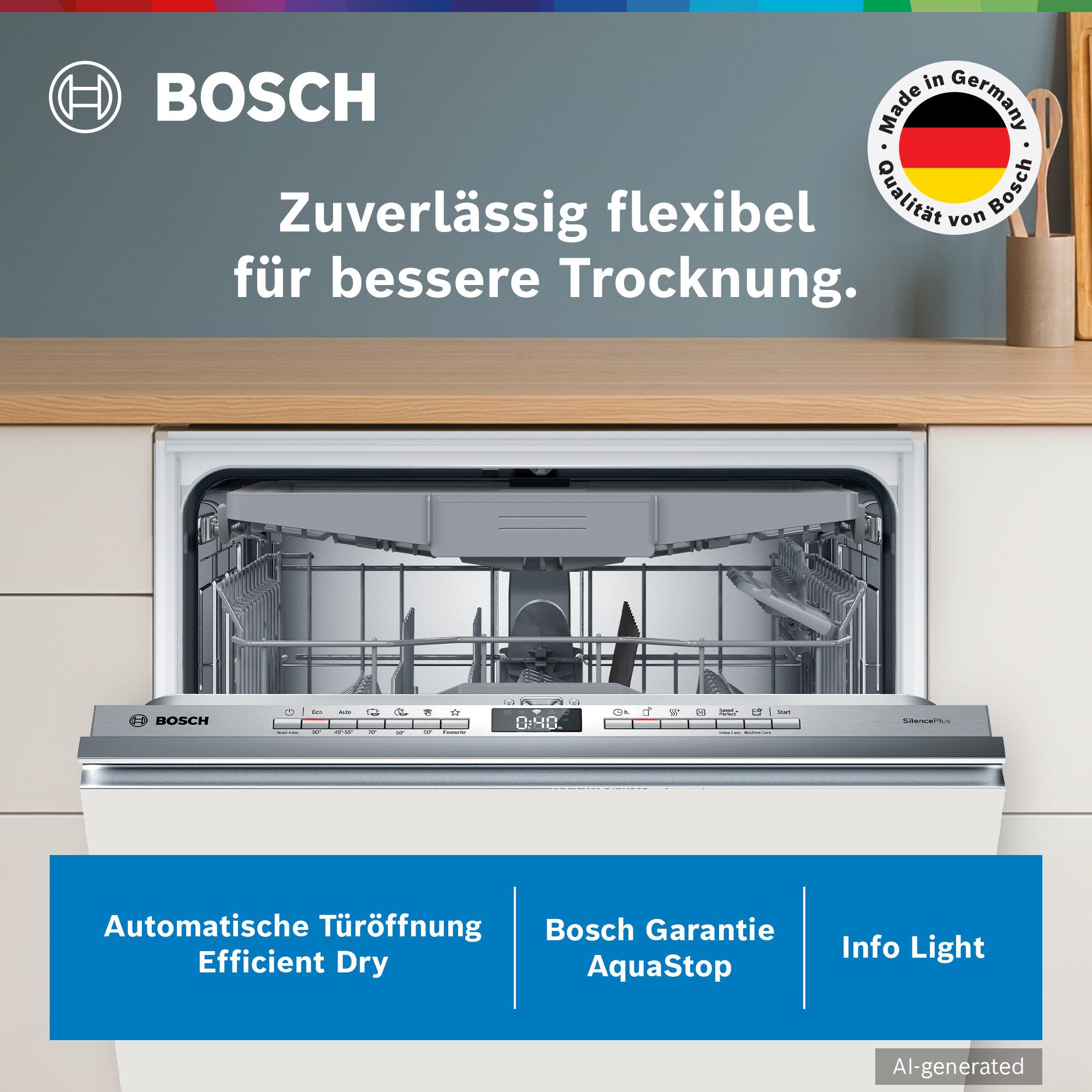BOSCH vollintegrierbarer Geschirrspüler Serie 4 SMV4ECX28E, 14 Maßgedecke, Automatische Türöffnung für Effizienz, flexible Körbe & Schubladen – Bild 2 von 5