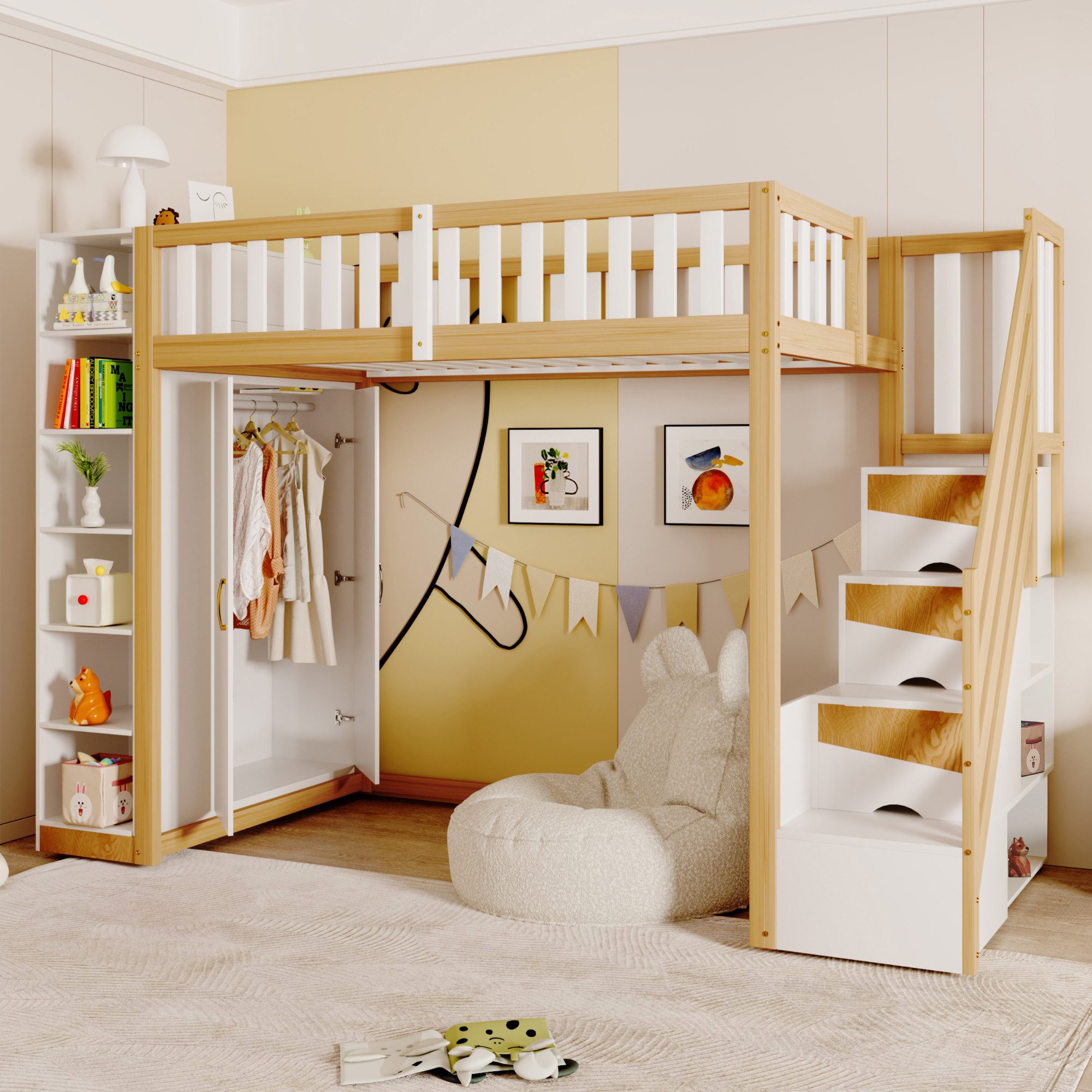 Flieks Hochbett Kinderbett 90x200cm mit Stauschrank Kleiderschrank und Stau günstig online kaufen