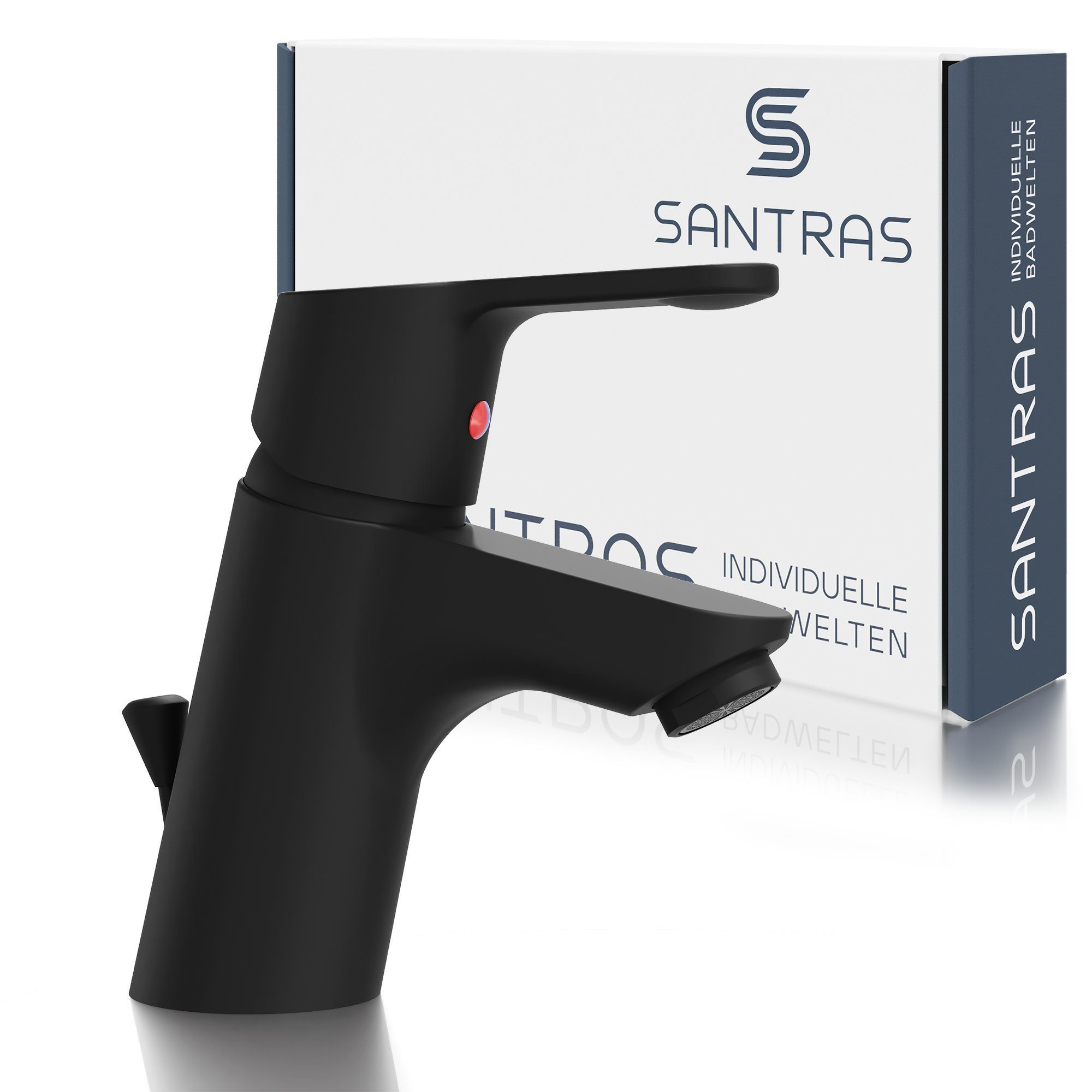 Santras Waschtischarmatur mit Zugstange und Ablaufgarnitur in Schwarz-Matt