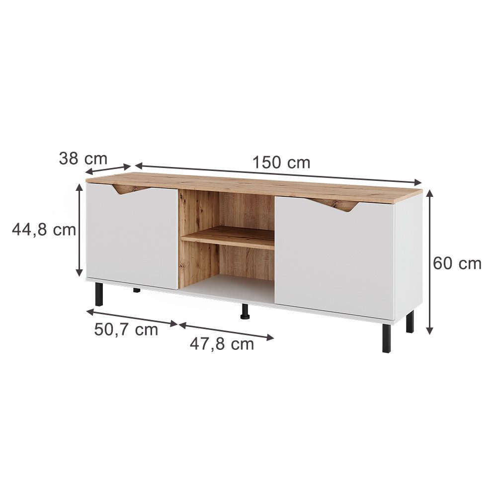 Vicco Lowboard Marelle, Weiß/Artisan/Artisan, 150 x 60 cm mit 2 Türen (1 St)