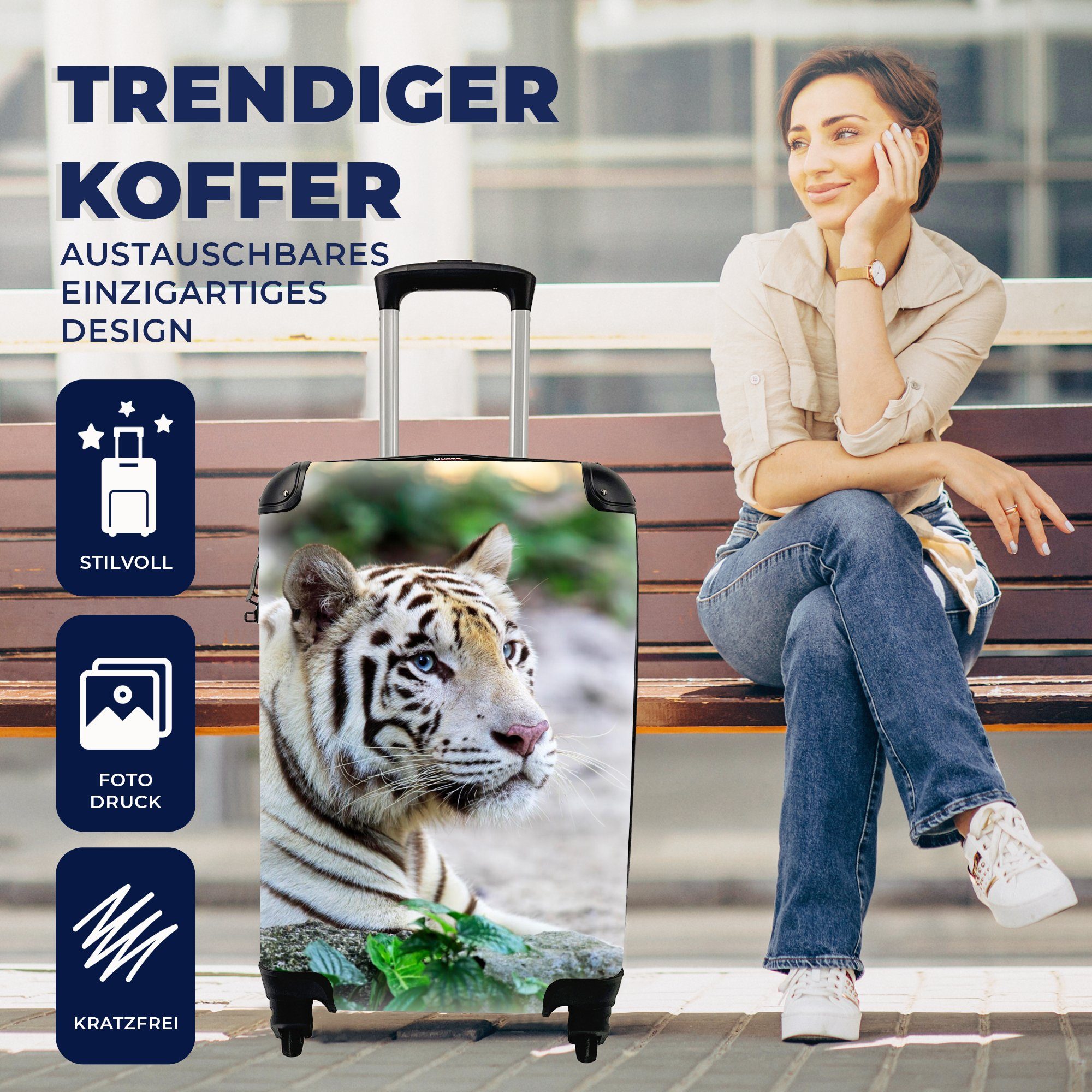 MuchoWow Handgepäckkoffer Tiger - Sand, Rollen, Reisekoffer Handgepäck - Reisetasche mit Trolley, für 4 Weiß rollen, Ferien