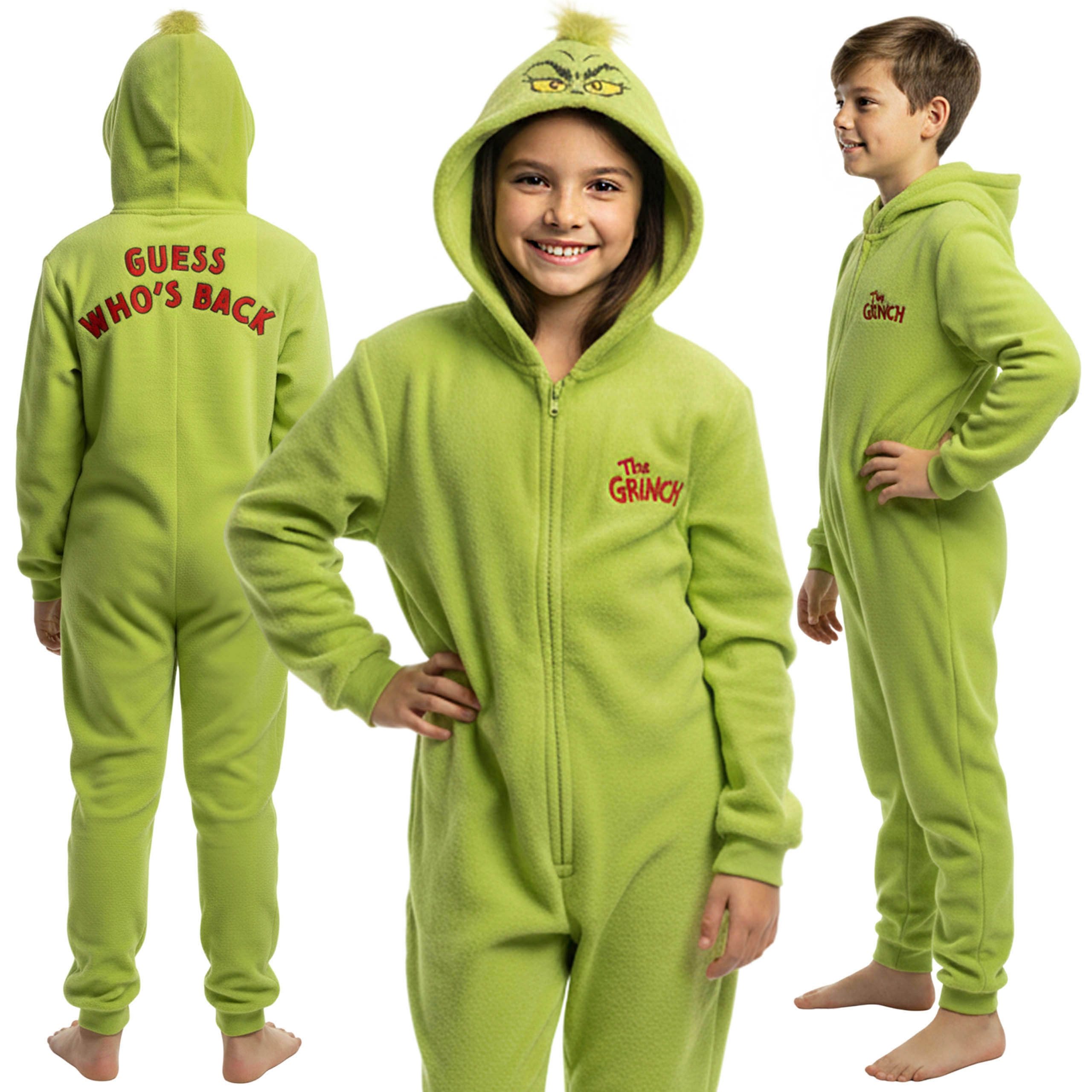 Schlafanzug Grinch Fleece Onesie Kinder, warm, mit Reißverschluss und Kapuze