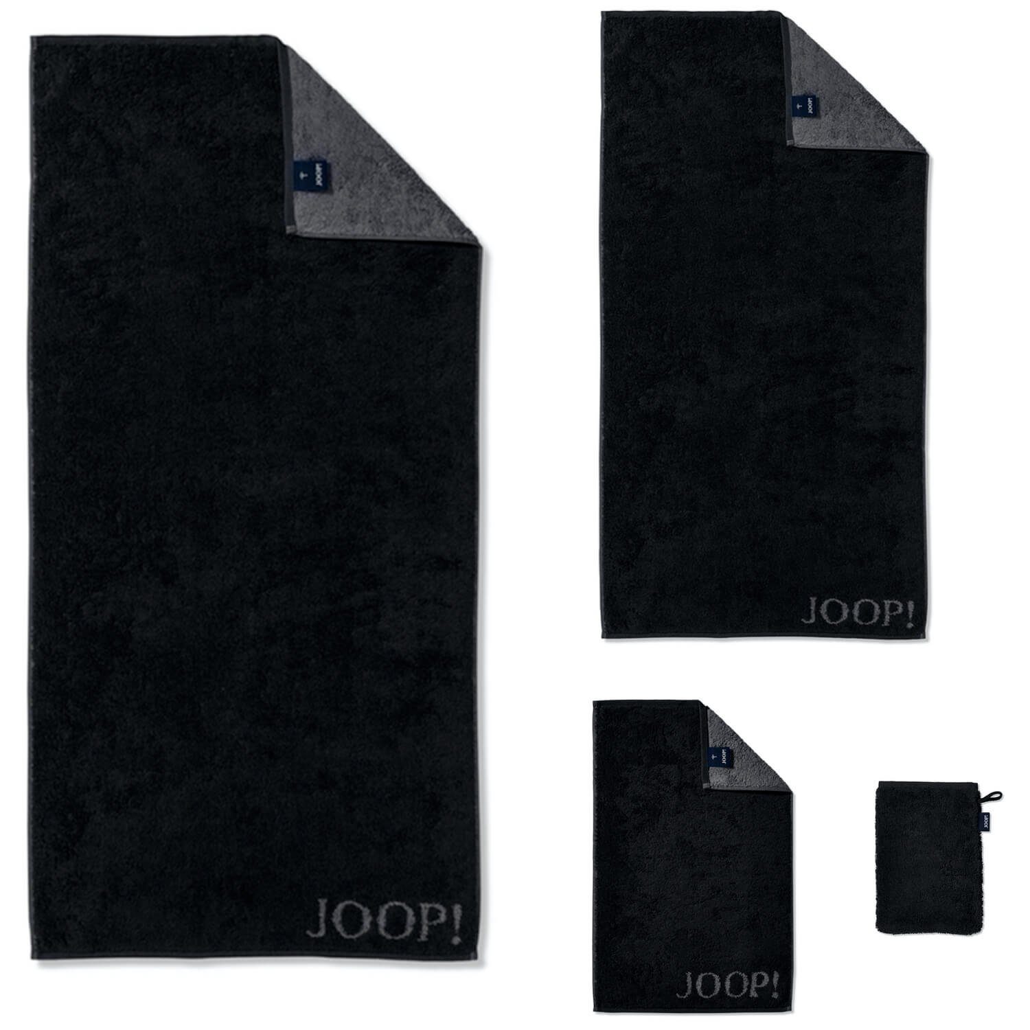 Joop! Unifarben, 1600 schwarz Schwarz 90, Doubleface - Wendeoptik, Classic (1-St), 90 Logo Gästetuch Walkfrottier Handtuch