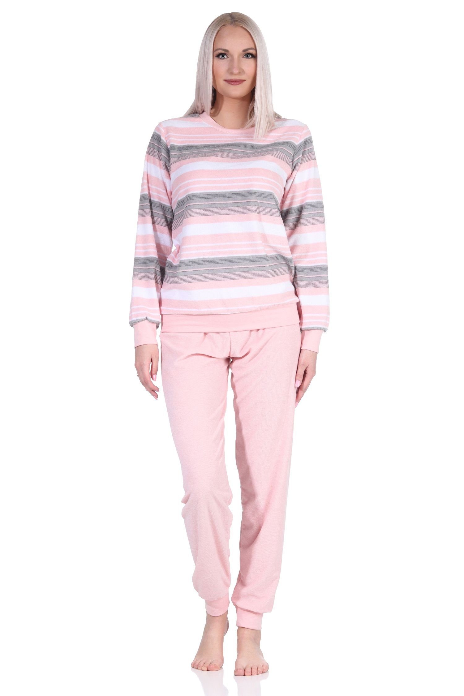 Normann Pyjama Damen Frottee Pyjama langarm Schlafanzug mit Bündchen Streifenoptik rosa