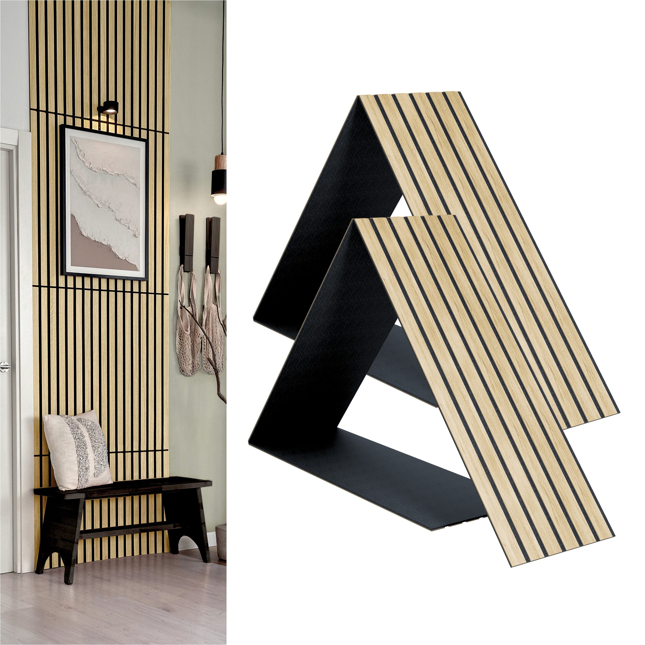 acous 3D Wandpaneel Akustikpaneel Compact FSC® Premium Echtholzfurier, BxL: 30,50x244,00 cm, 0,74 qm, (Packung, 2 Paneele, 1,488 m) 36 Echtholz-Furnierleisten mit schwarzem 3mm Filz-Akustikträger