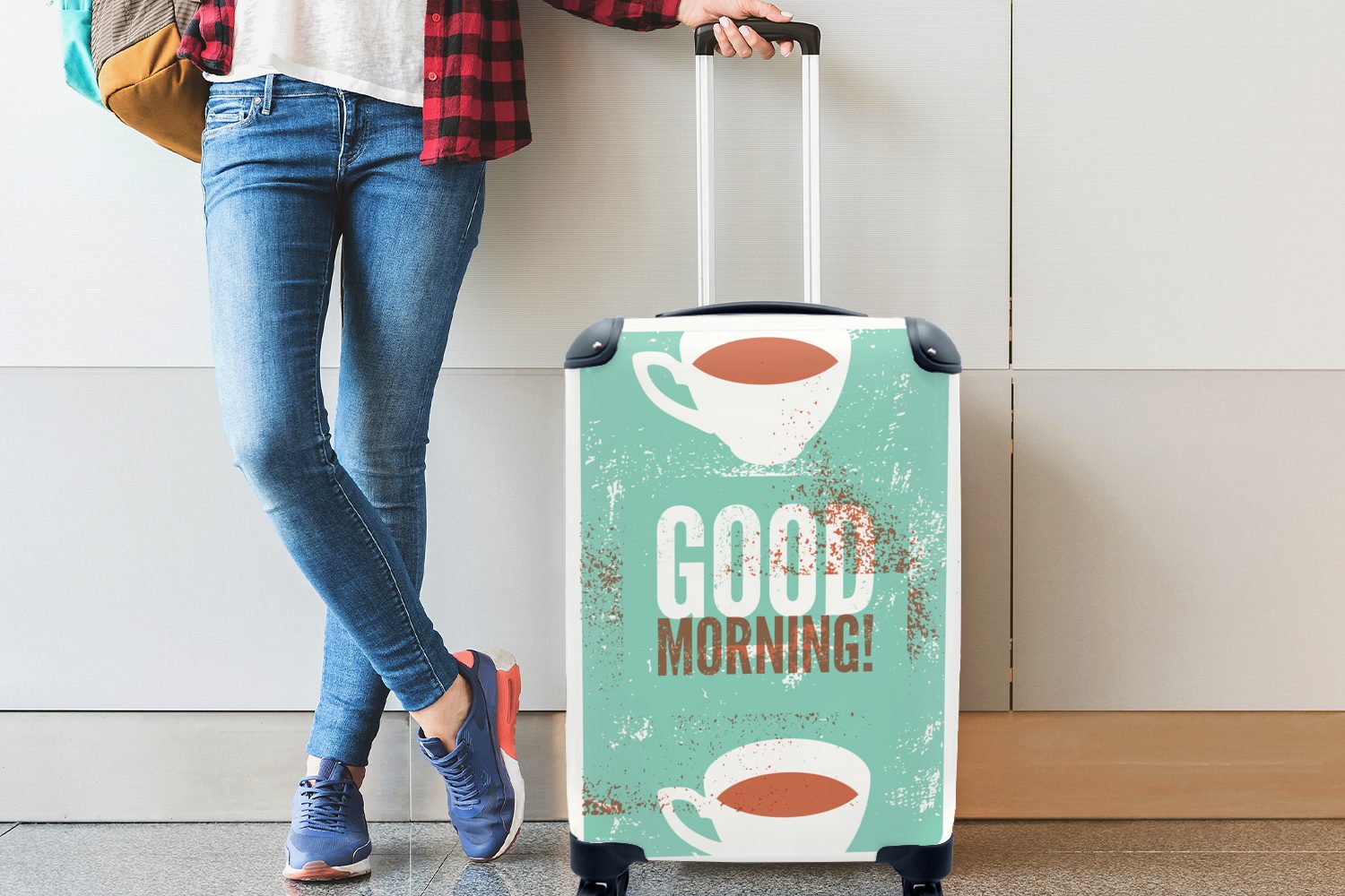 Sprüche Kaffee - - für Zitate Reisekoffer rollen, Guten Reisetasche Handgepäck - - mit Trolley, 4 Ferien, Vintage Morgen!, Rollen, MuchoWow Handgepäckkoffer