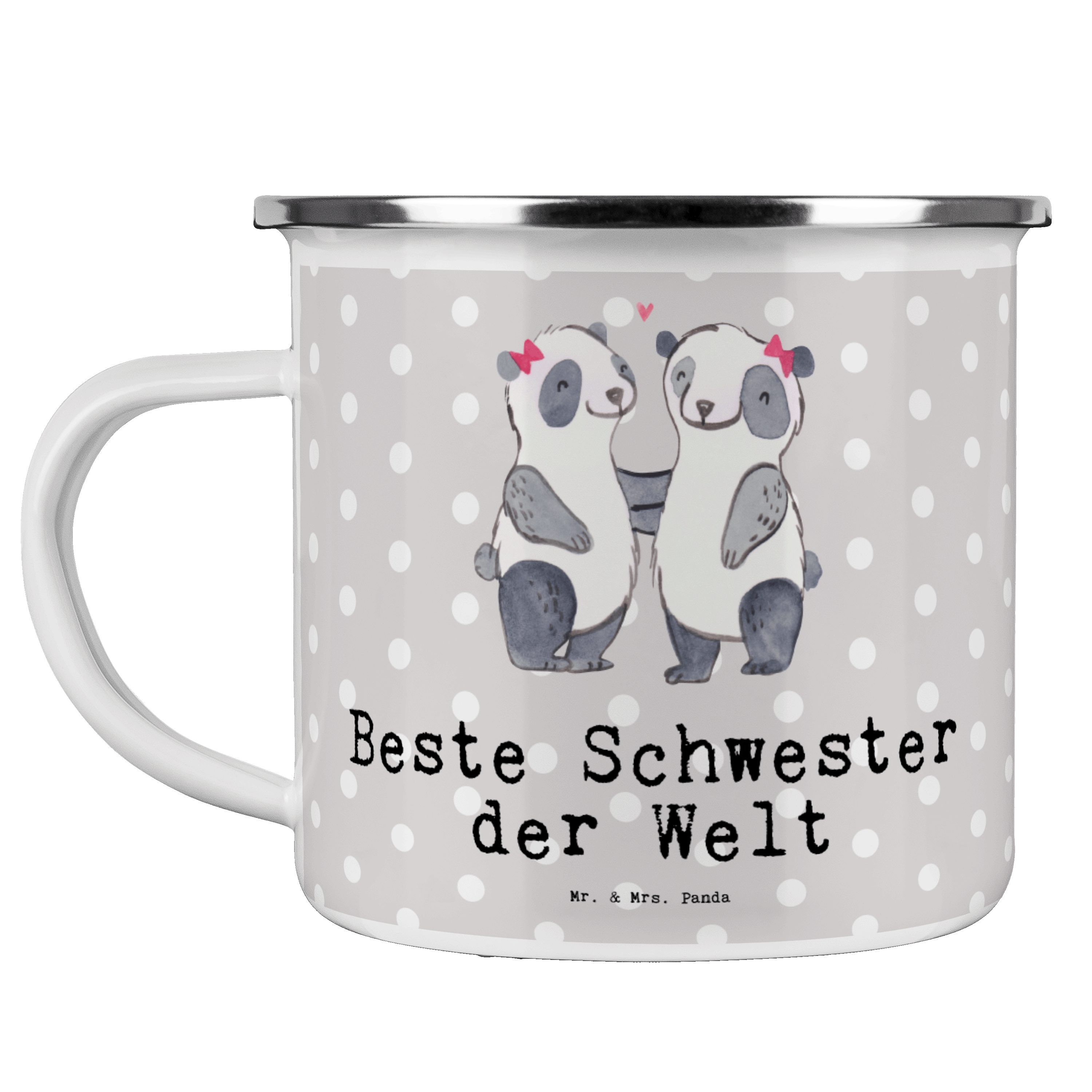 Mr. & Mrs. Panda Becher Panda Beste Schwester der Welt - Grau Pastell - Geschenk, Familie, Li, Emaille