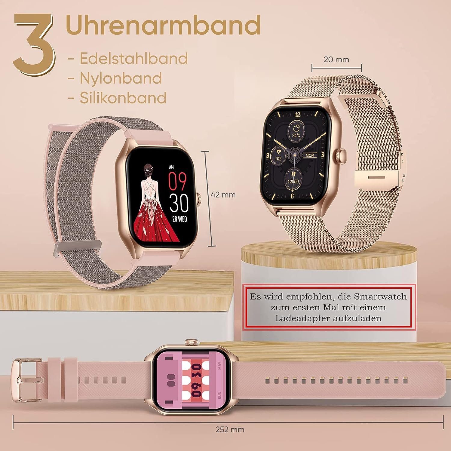 Dachma Smartwatch (1,85 Funktion Damen Telefon Zoll, Android 3 Uhr 280mAH Whatsapp iOS iOS), Android Armbänder