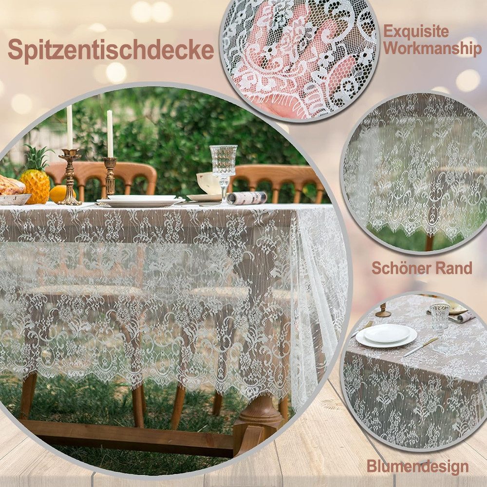 Diwzbyn Tischläufer Tischdecke Spitze,Weiße Spitze Tischdecke in Spitzenauflage Vintage, 150x300CM,Hochzeits-Tischdecke, für Esszimmer, Küche und Party – Bild 3 von 5