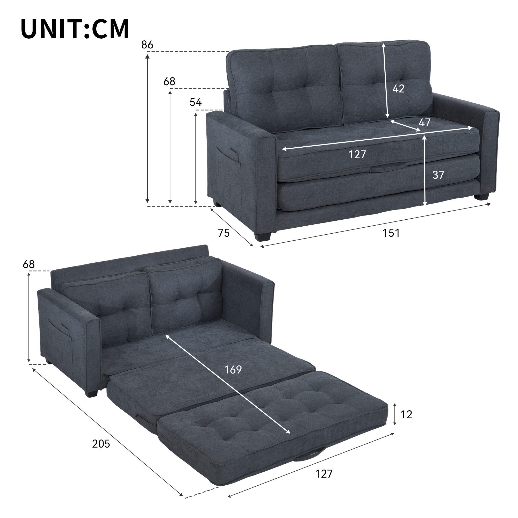 Ulife Schlafsofa Modernes 2-Sitzer-Sofa mit Seitenfächern, Schlaffunktion, günstig online kaufen