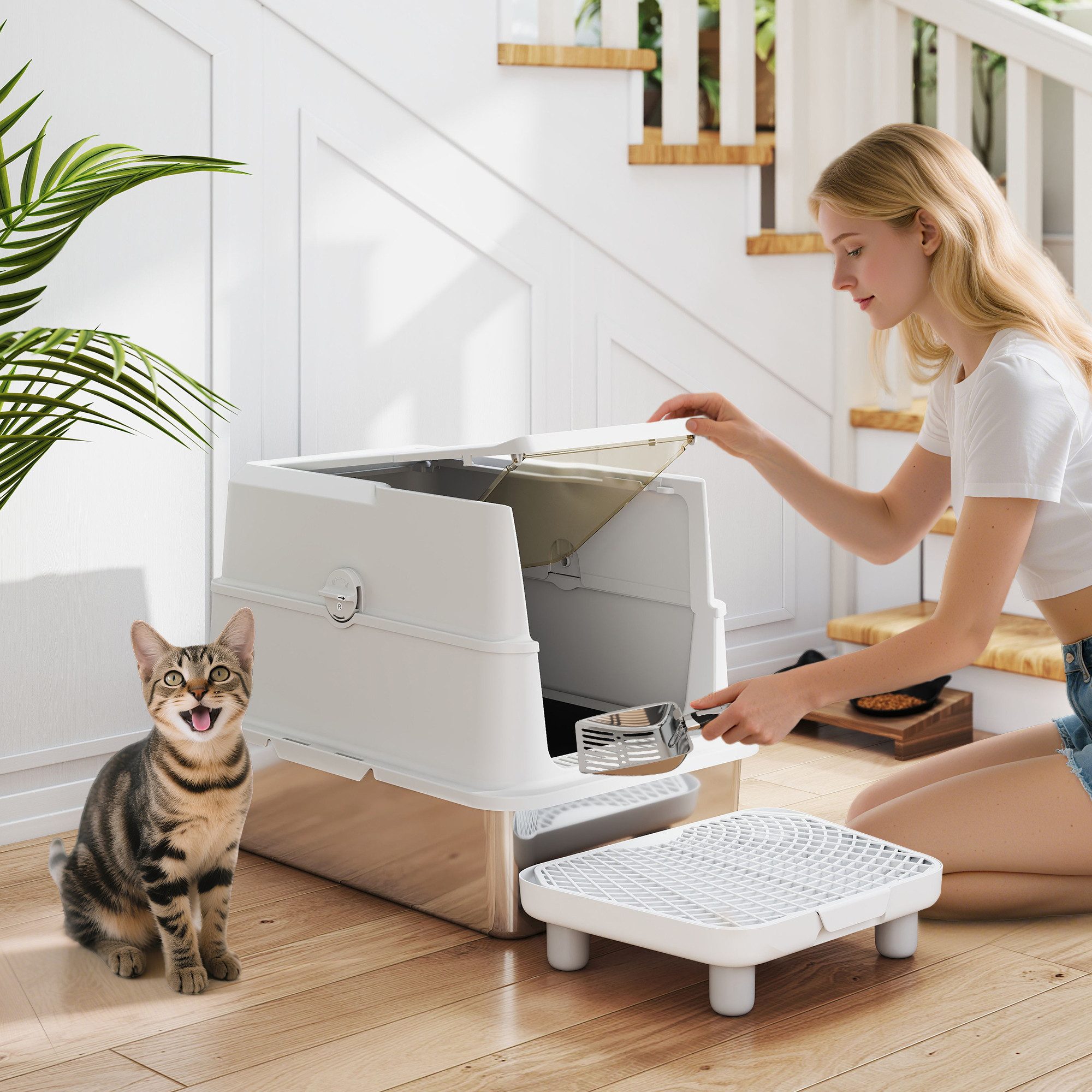 PawHut Katzentoilette Edelstahl mit Deckel, für Katzen bis 7 kg, Leicht zu Reinigen, Hellgrau