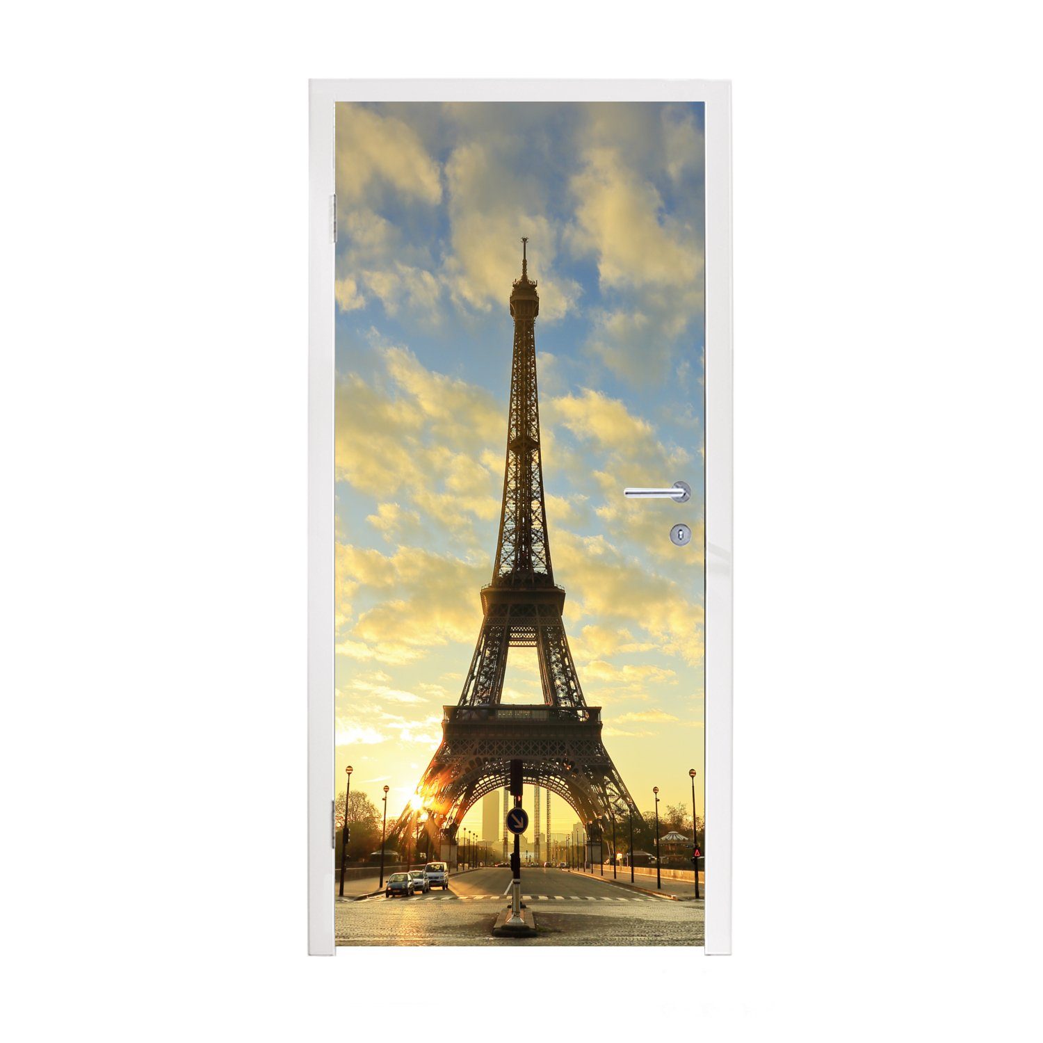 einzigartigen Eiffelturm orangefarbenen aufgrund, Fototapete Türaufkleber, bedruckt, St), für Türtapete (1 Matt, mit MuchoWow einem Tür, Himmel 75x205 Der cm