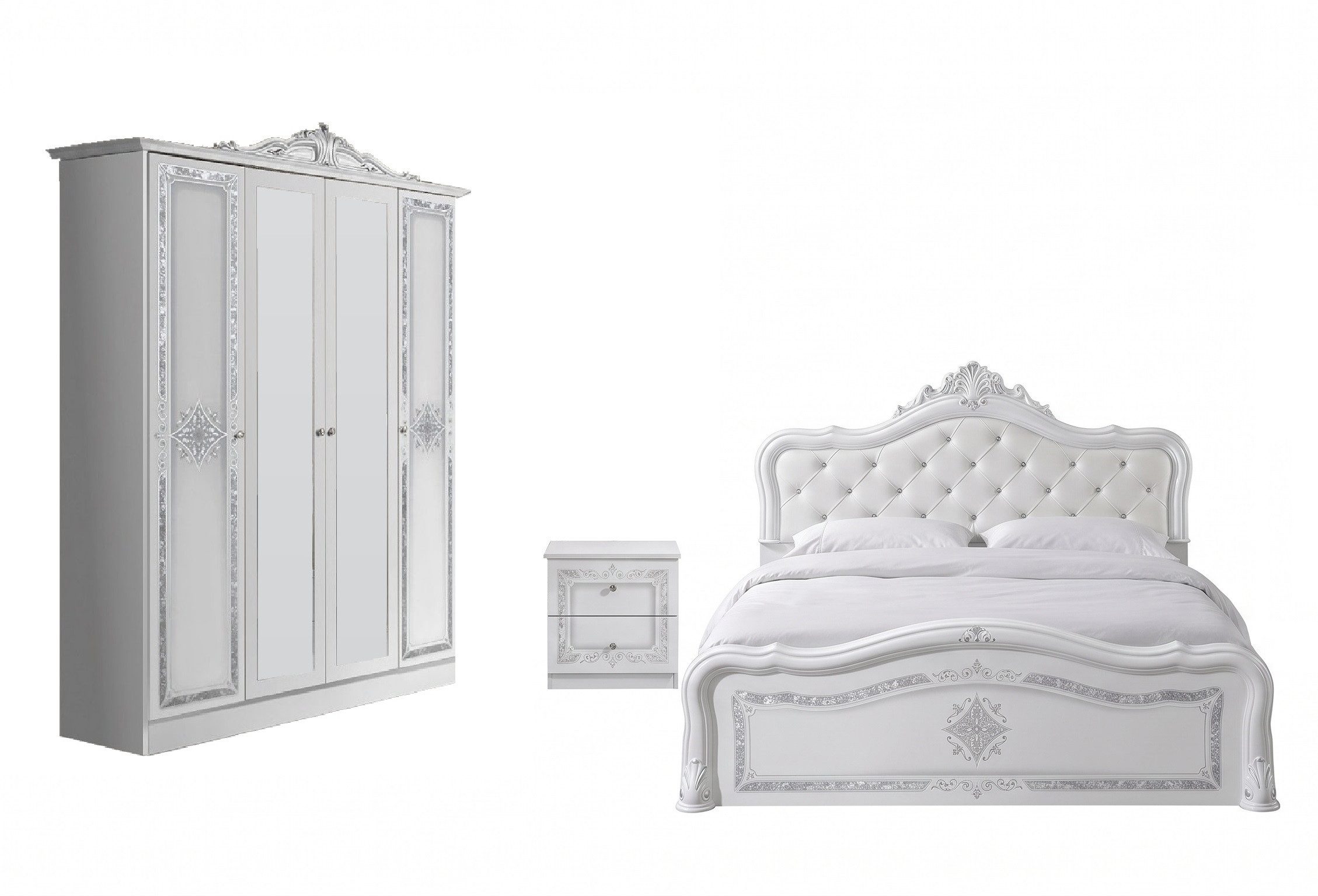 Interdesign24 Schlafzimmer-Set Livia, (im klassischen Barock Stil, 4-Teilig), Hochglanz Weiß/Silber