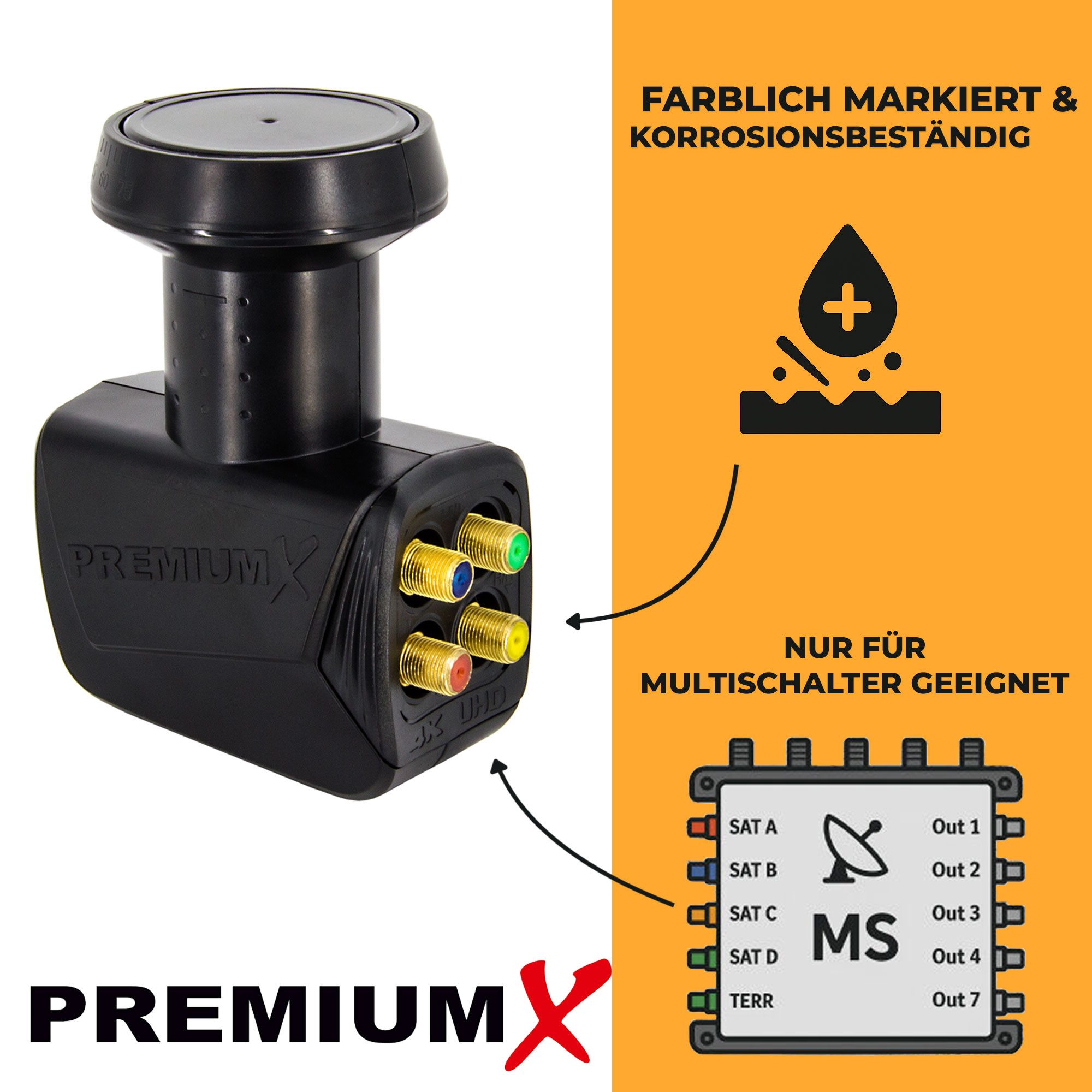 Thumbnail - PremiumX Quattro LNB für Multischalterbetrieb DVB-S2 HD 4K inkl. 8x F-Stecker Monoblock-LNB