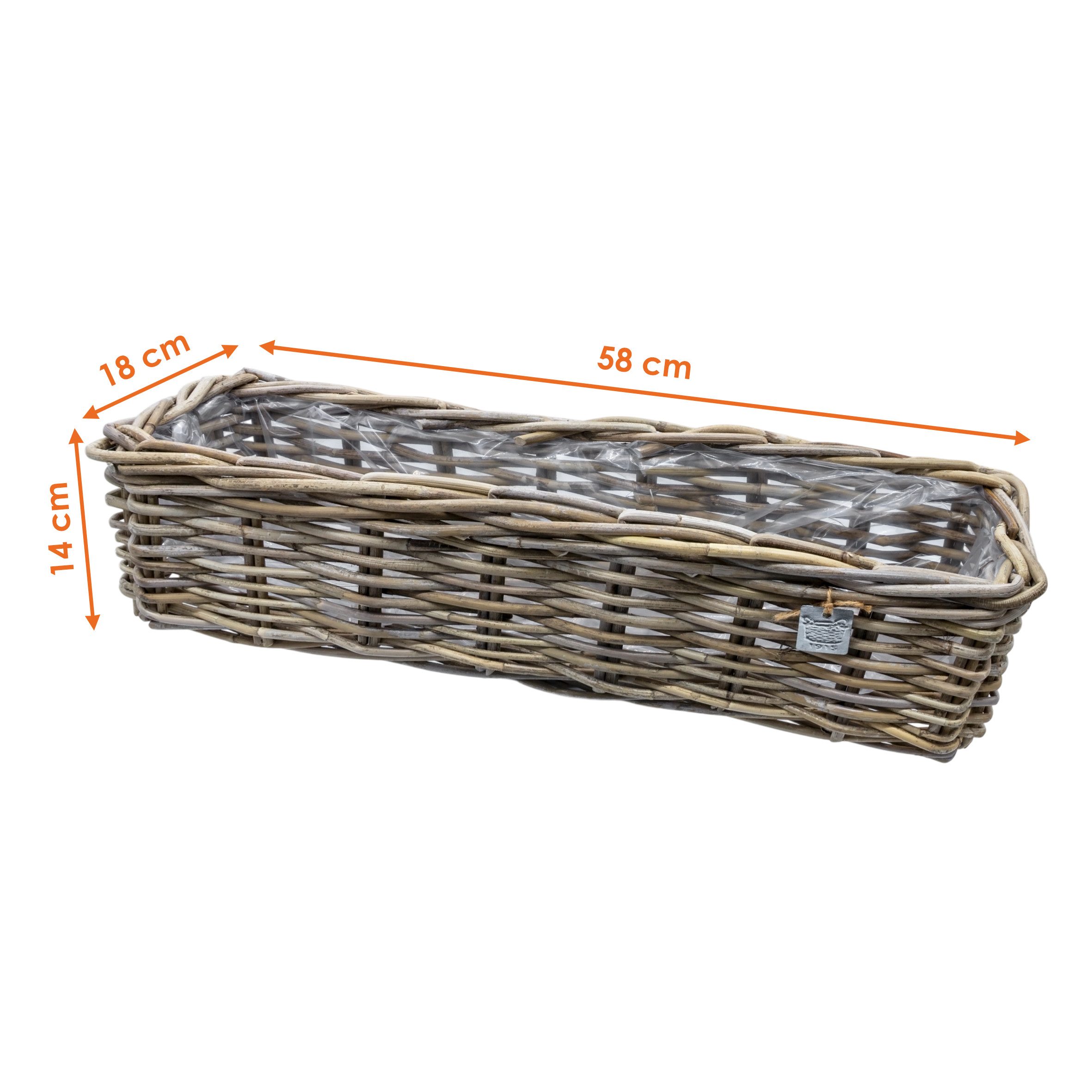 Spetebo Blumenkasten Rattan Pflanzkorb natur mit Folie für Innen und Außen - 58 x 18 cm (Anzahl, 1 St., Stück), Passend für alle Fensterbänke