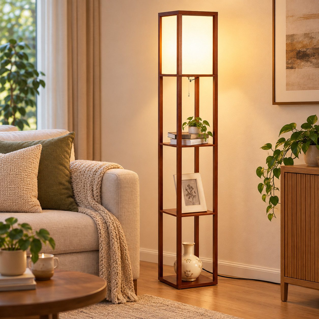 Rosnek Stehlampe mit Regal, Holz, 3000 K Warmweiß, moderne LED Stehleuchte Wohnzimmer, Stehleuchte mit Ablageflächen für Schlafzimmer, Leseecke & Wohnzimmer