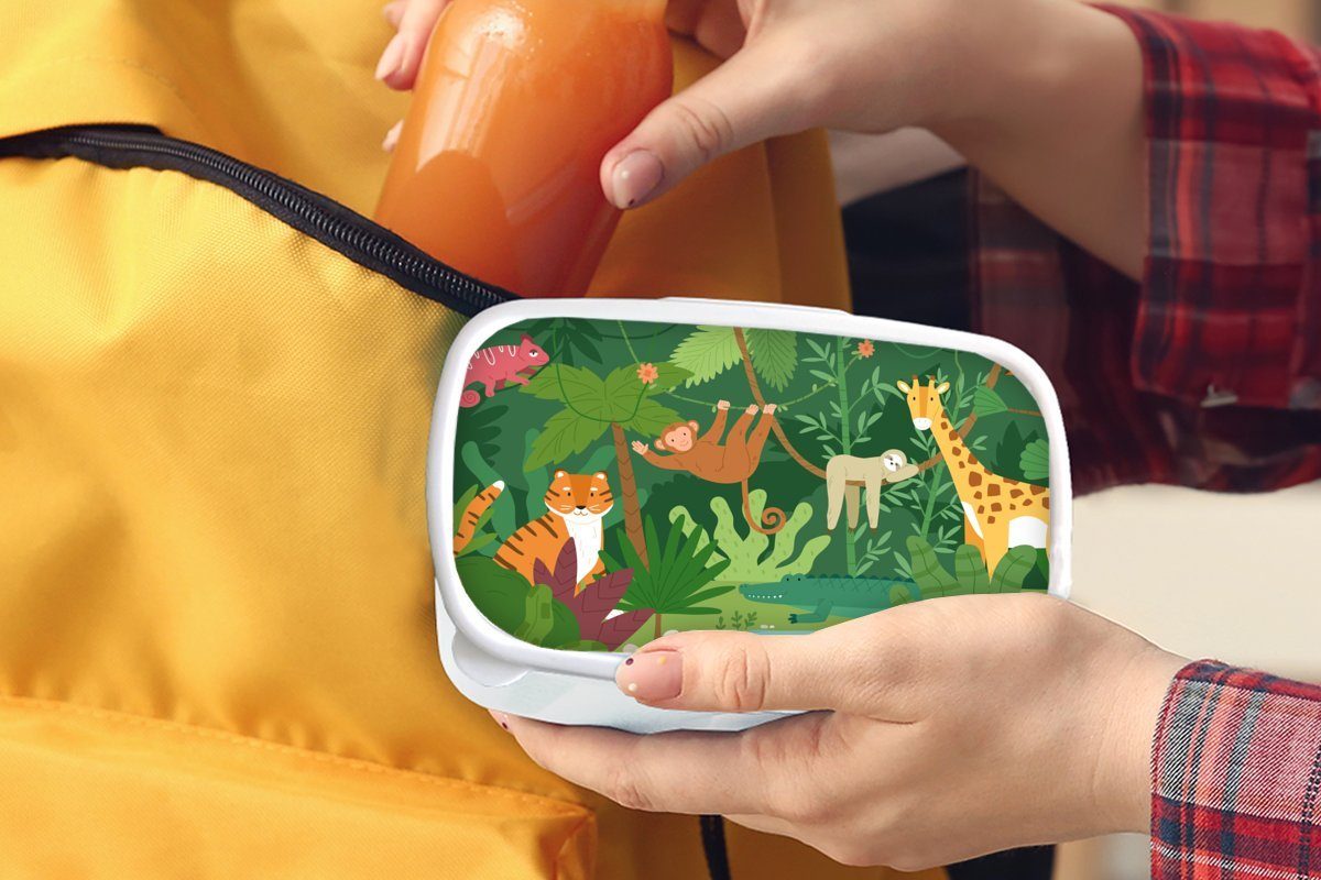 MuchoWow Lunchbox Erwachsene, für - Jungs Tiere Brotbox (2-tlg), Kunststoff, und und Natur, Dschungel für weiß - Kinder Mädchen Brotdose