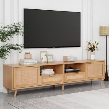 WISHDOR TV-Schrank Holz-TV-Schrank, TV-Ständer (TV-Konsolentisch,200*37*49cm) mit massiven Holzfüßen, Geflochtener Rattan-TV-Boards