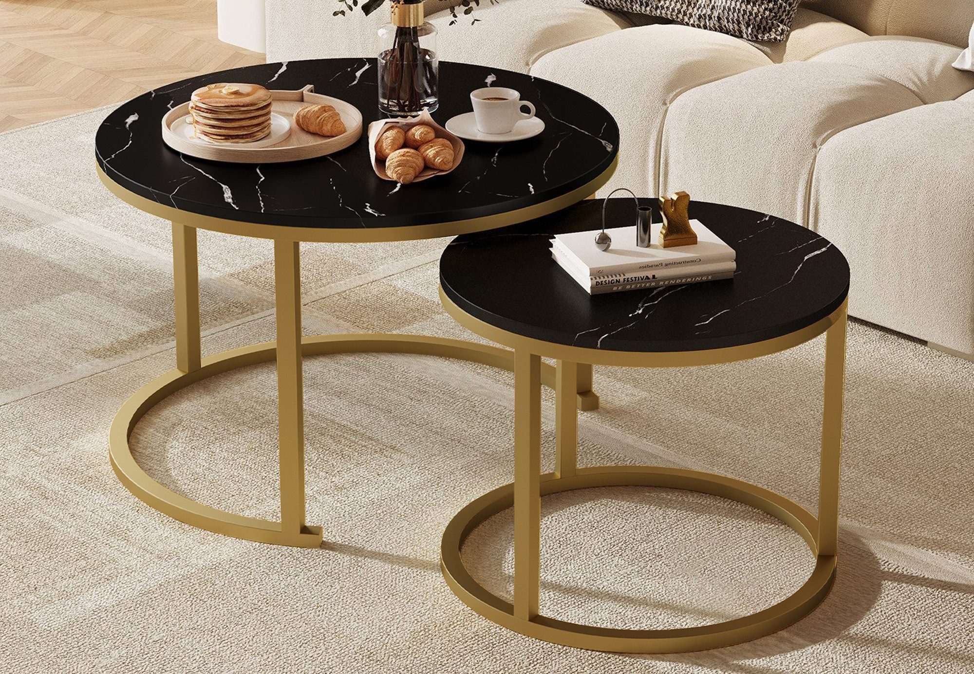 Hiazurm Couchtisch Couchtisch 2er Set mit Marmormuster, Kaffeetisch, Beistelltisch (Satztisch für Wohnzimmer & Büro & Schlafzimme & Balkon, 2er Set), 70x45cm+50x40cm, Rund