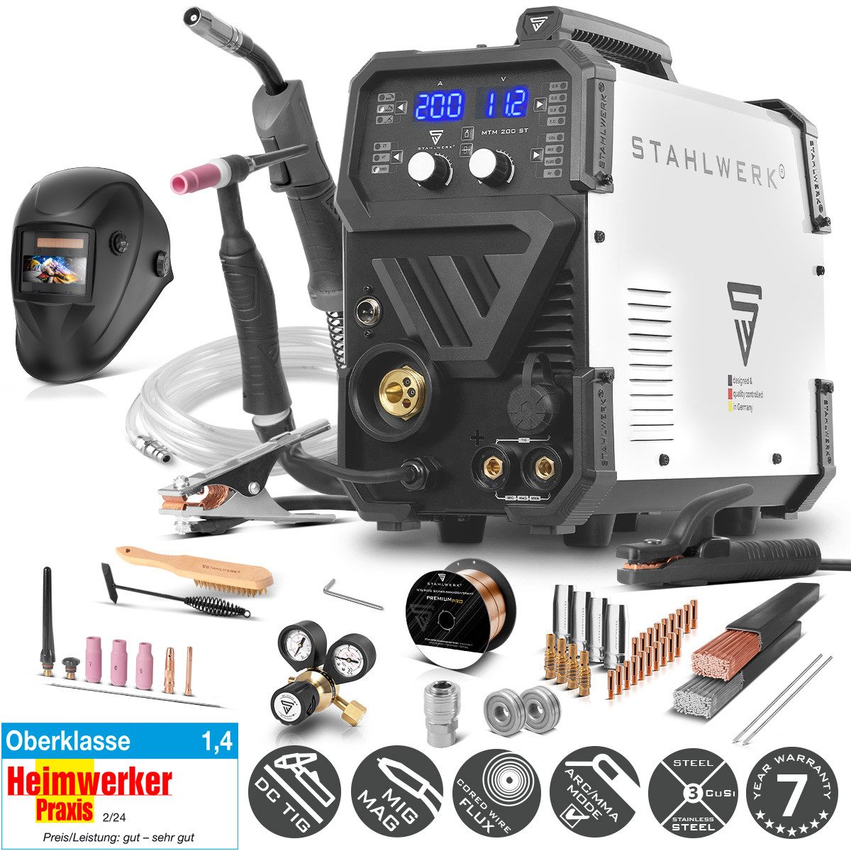 STAHLWERK Inverterschweißgerät Kombi Schweißgerät MTM-200 ST Vollausstattung WIG MIG MAG MMA FLUX, 10 - 200 A, Packung}, 19-tlg., Vollausstattung, mit 200 A und synergischem Drahtvorschub