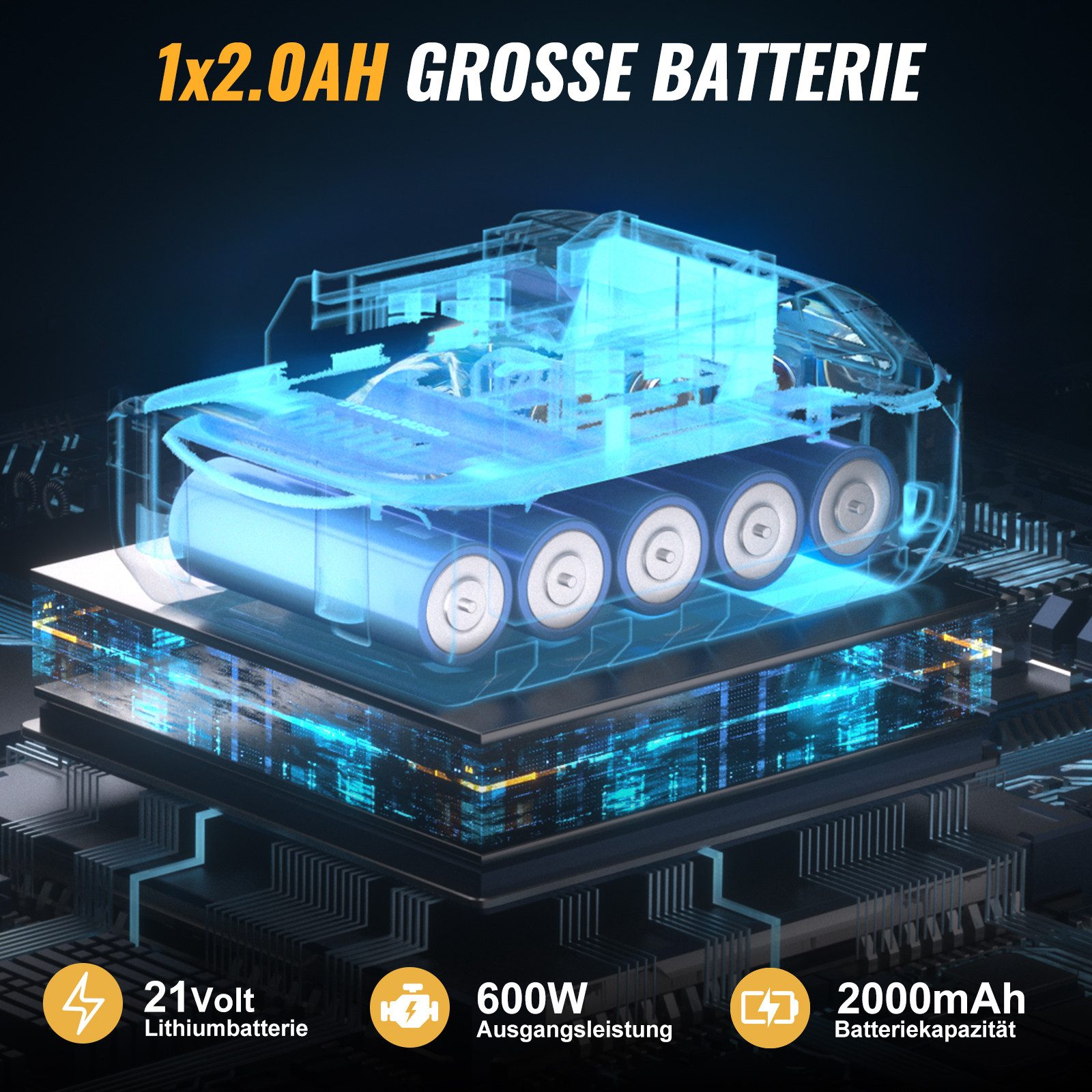 CONENTOOL Akku-Kettensäge 6 Zoll Mini Kettensäge, 15 cm Schwertlänge, mit 1×21V/2,0Ah Akku, Mehrfacher Sicherheitsschutz, für Garten Holz und Astscheren