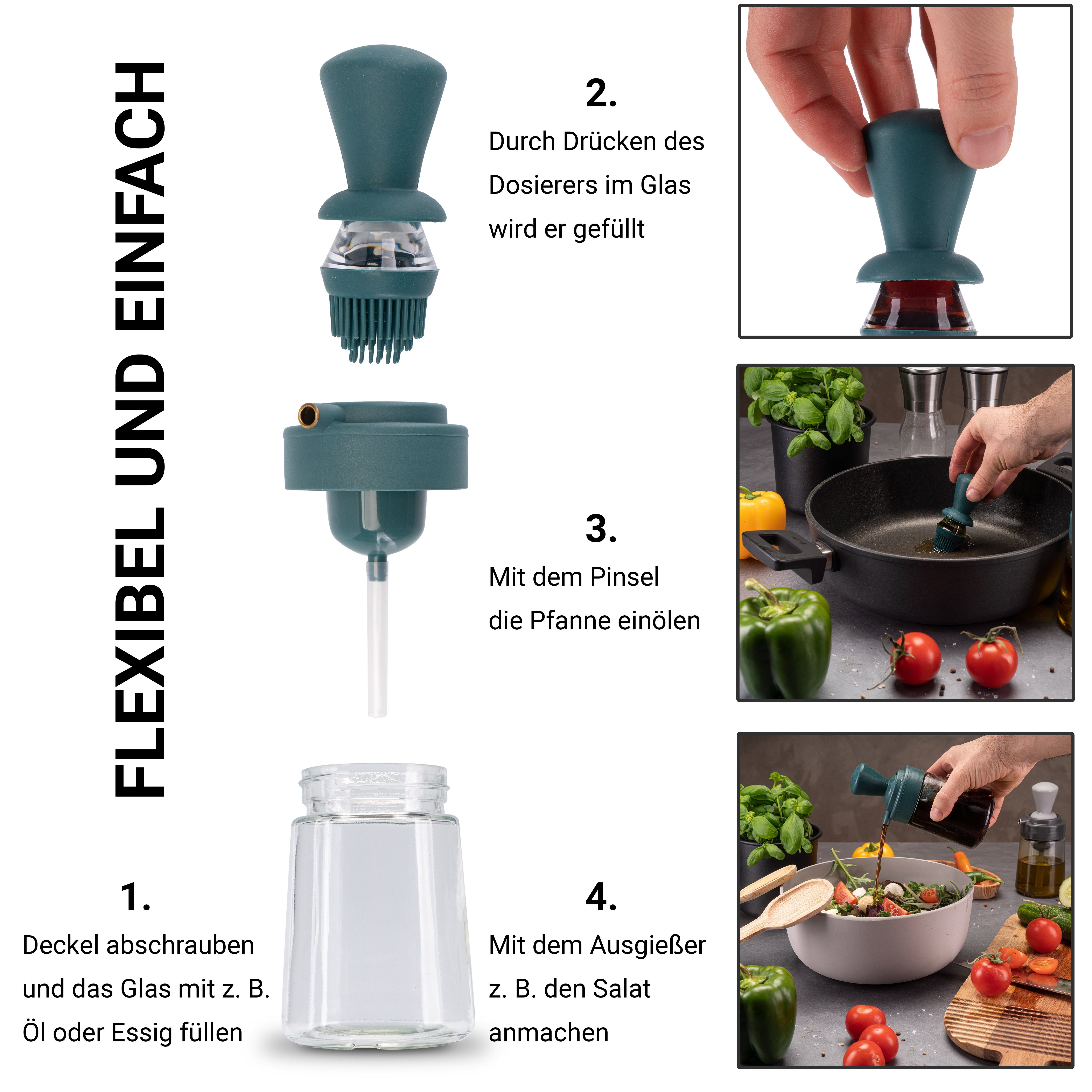Fino Casa Ölspender 3 in 1 Ölspender, (2er Set: 1x Anthrazit & 1x Dunkelgrün, 2er Set 3in1 Ölflasche mit Pinsel und Ausgießer)