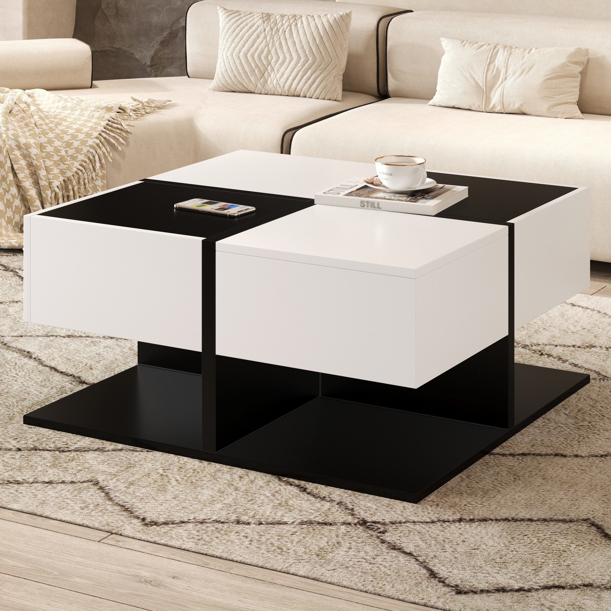Refined Living Couchtisch Hochglanz-Couchtisch einzigartige Farbabstimmung und Liniendesign (moderner Sofatisch Wohnzimmertisch 70*70*35.5cm, 1-St., Beistelltisch mit geometrische Design), Tisch mit 2 Schubladen, mit versteckten Schubladen, Stauraum unten.