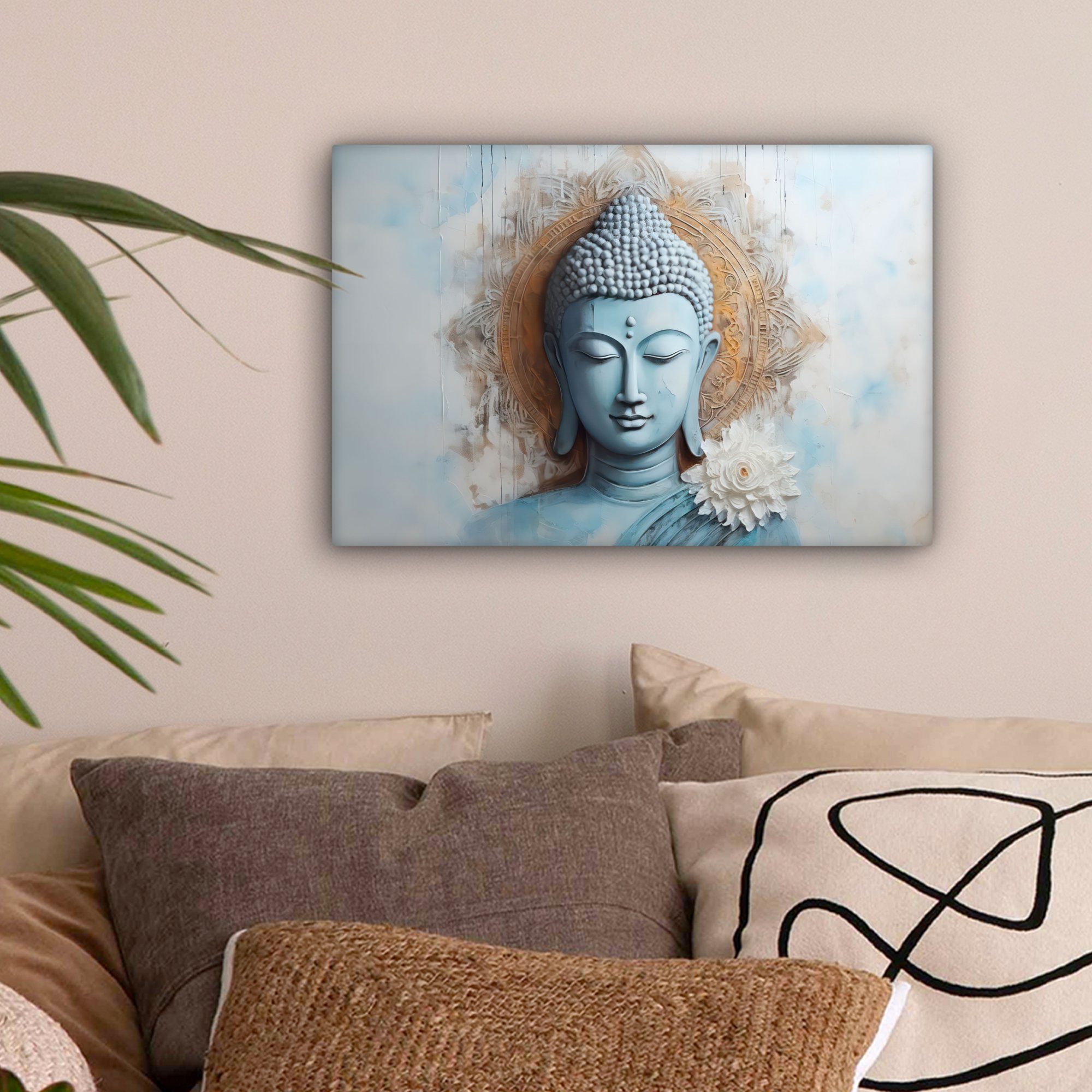OneMillionCanvasses® Leinwandbild Buddha - Statue - Blau - Braun - Blume, F günstig online kaufen