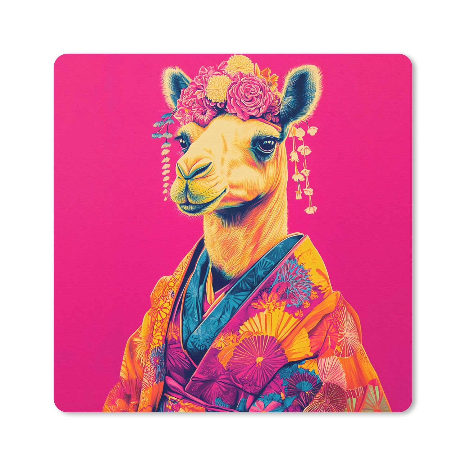 MuchoWow Mauspad Kamel - Blumen - Kimono - Fächer (1-St), Mousepad, Schreibtisch Zubehör, Deko, 20x20 cm