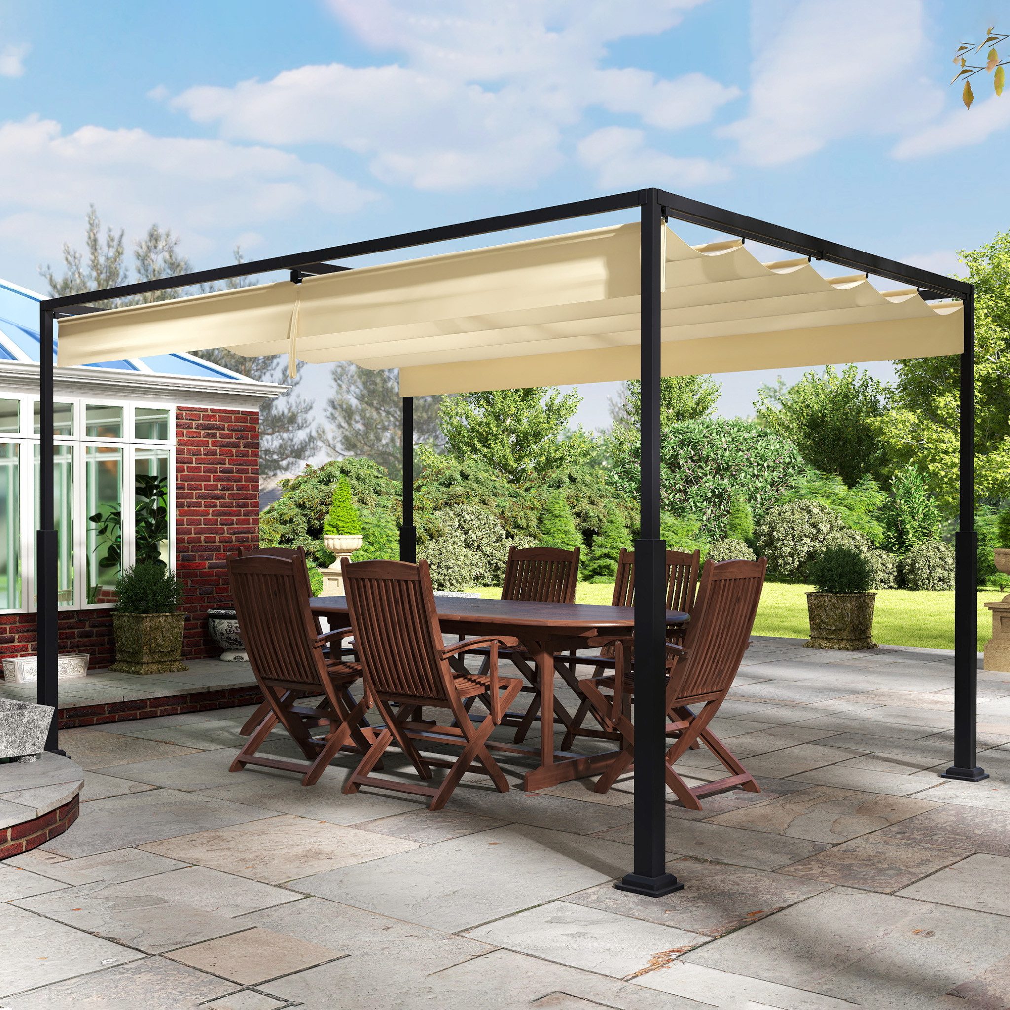 FIVMEN Pavillon Gartenpavillon 3x3m, Schiebedach, Stahlgestell, UV-Schutz