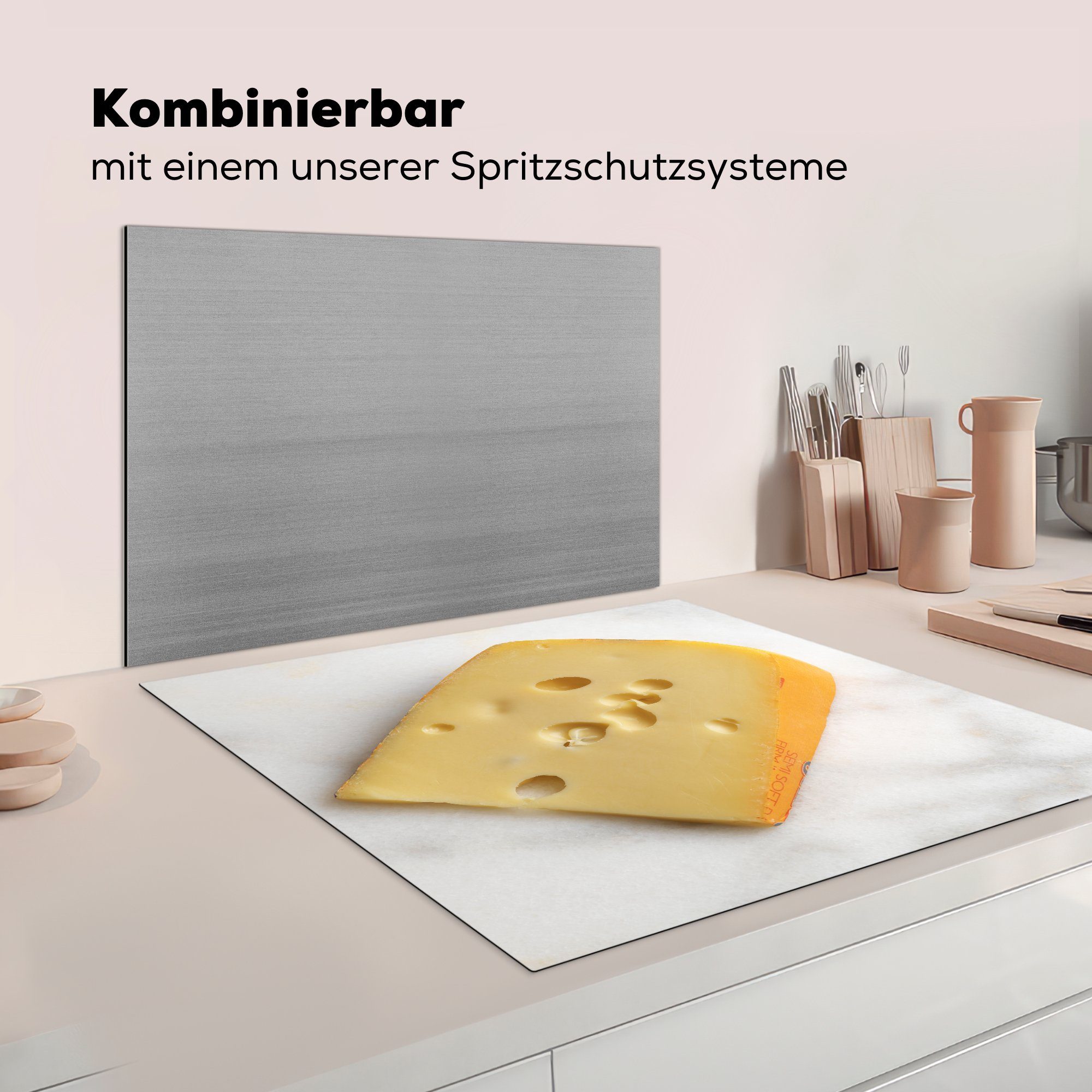 (1 tlg), Stück Vinyl, auf MuchoWow Arbeitsplatte, für Herdblende-/Abdeckplatte 78x78 Ceranfeldabdeckung, cm, Arbeitsplatte Ein Schweizer Käse küche einer