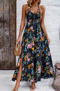 ZWY Dirndl Mit Sling bedrucktes Kleid mit V-Ausschnitt und sommerkleid damen (Größe: S-XL) Strap Waist Design Sommerkleider Damen leicht und luftig