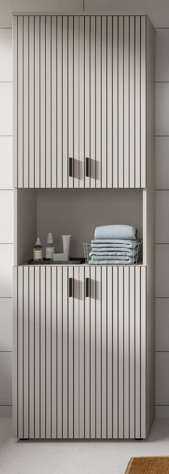 Inn.Furn Hochschrank Livia (Badschrank in Kaschmir / Sand, 4-türig, 60 x 192 cm) mit 9 Fächern