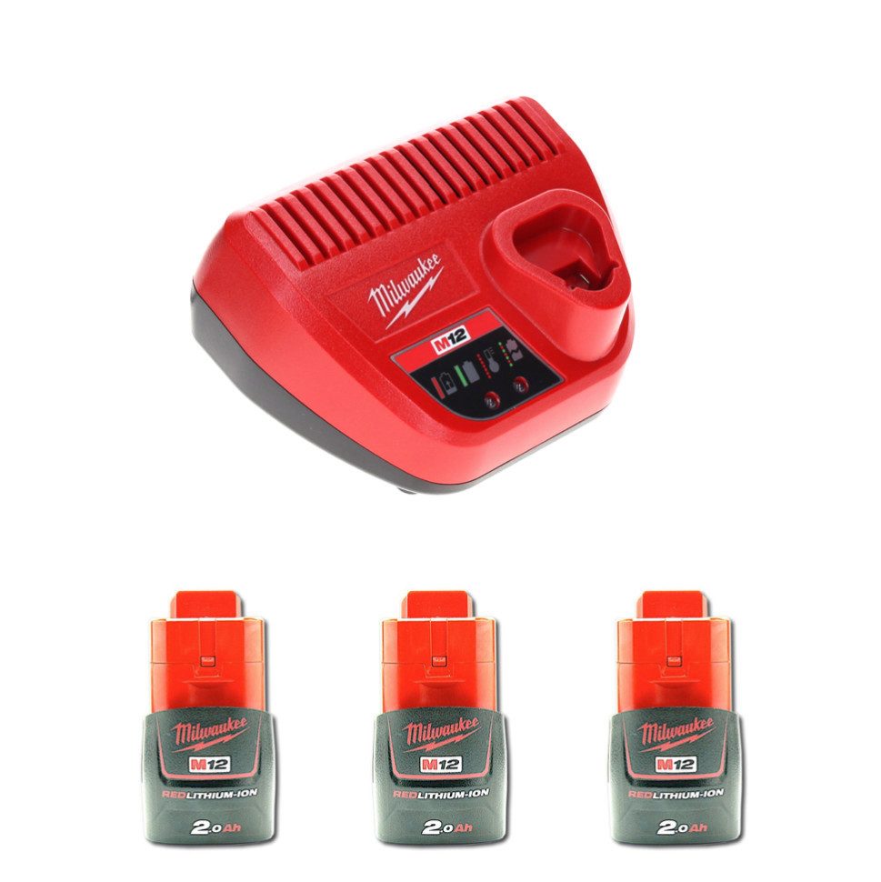 Milwaukee Akku Starter Set 12 V mit 3x Akku 2,0 Ah + M12 C12C Ladegerät Akkupacks