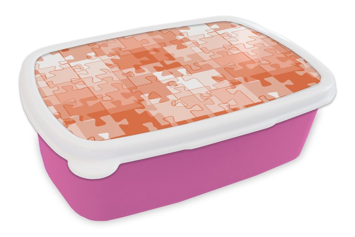 MuchoWow Lunchbox Puzzle rosa Mädchen, Kunststoff (2-tlg), Kunststoff, Kinder, Erwachsene, Muster, Orange - Brotdose Brotbox Snackbox, - für