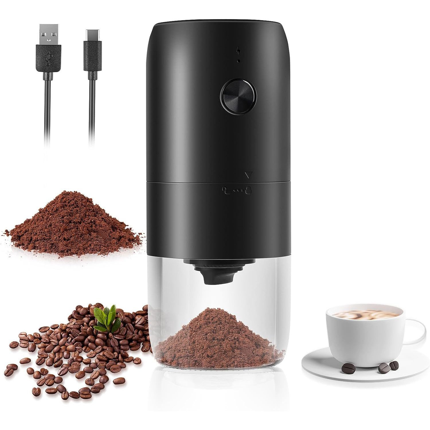 MODFU Kaffeemühle Tragbare Elektrische Kaffeemühle mit Akku Keramikmahlwerk, 25 W, Keramik Kegelmahlwerk, 25 g Bohnenbehälter, mit Einstellbarer Grobheit Tragbare Wiederaufladbare Coffee Grinder