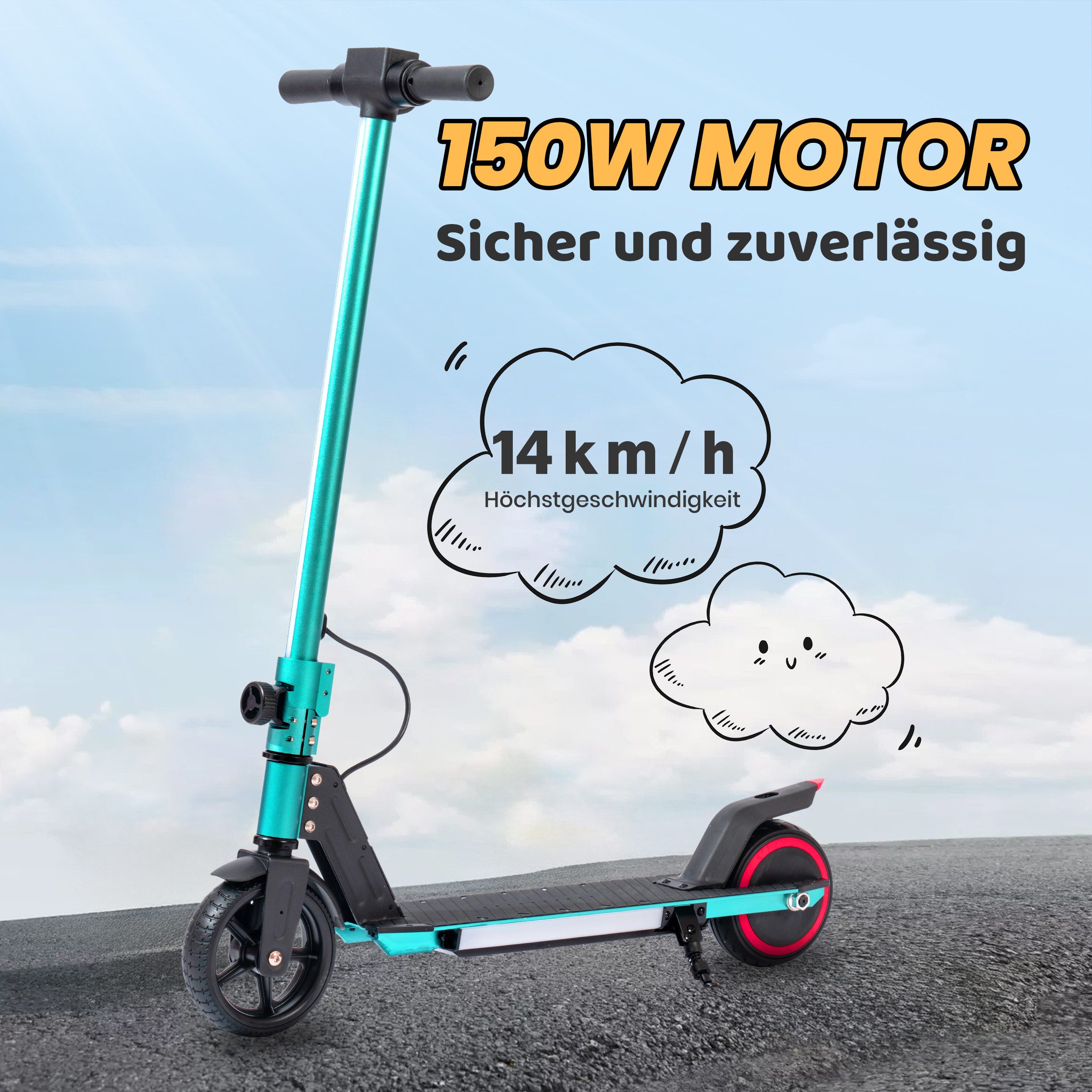 Vankel Cityroller Kinderroller ab 6 jahren, 10km, mit LED Leuchten, klappbar, Tretroller, 150 W, 14 km/h, (bis 80kg, EBS+Fußbremse, klappbare Aluminiumrahmen), Escooter für Kinder, nur 6,5kg, faltbar, für 130-160 cm