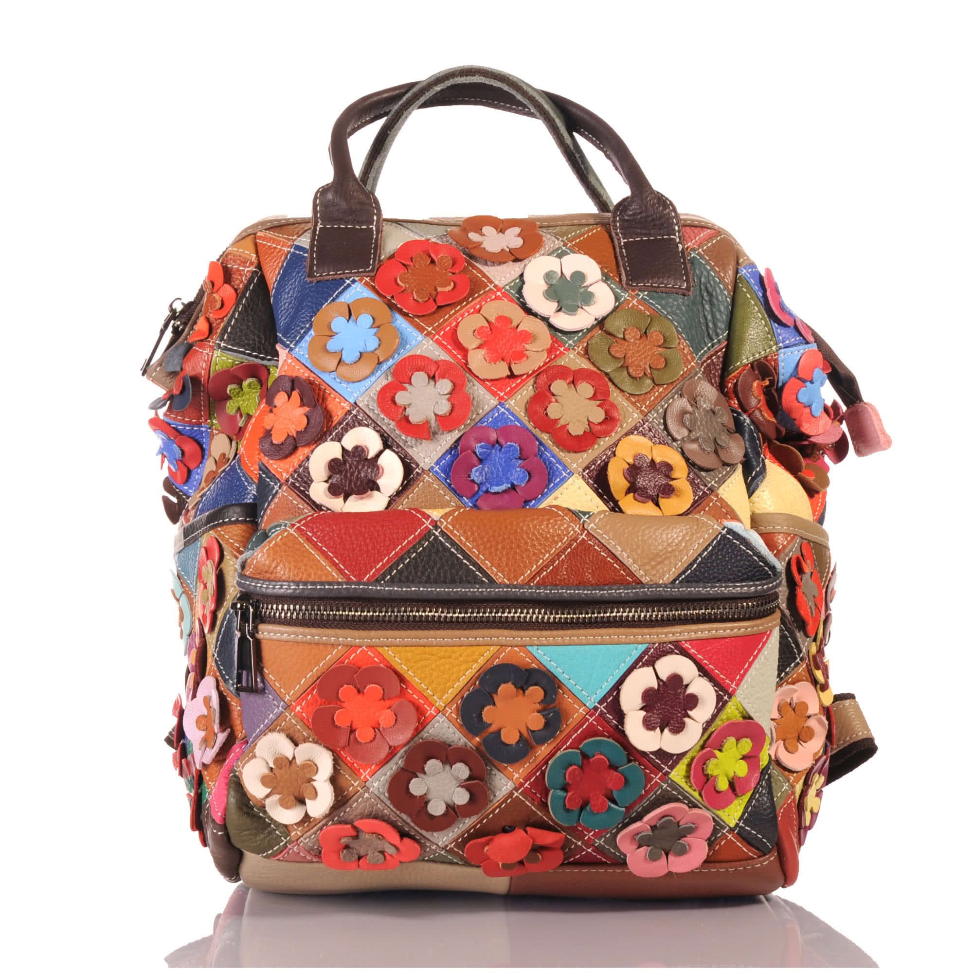 KMISSO Henkeltasche Handgefertigter City Backpack Pachwork Rucksack Blumen Leder bunt 3067 (1-tlg), im eleganten Look