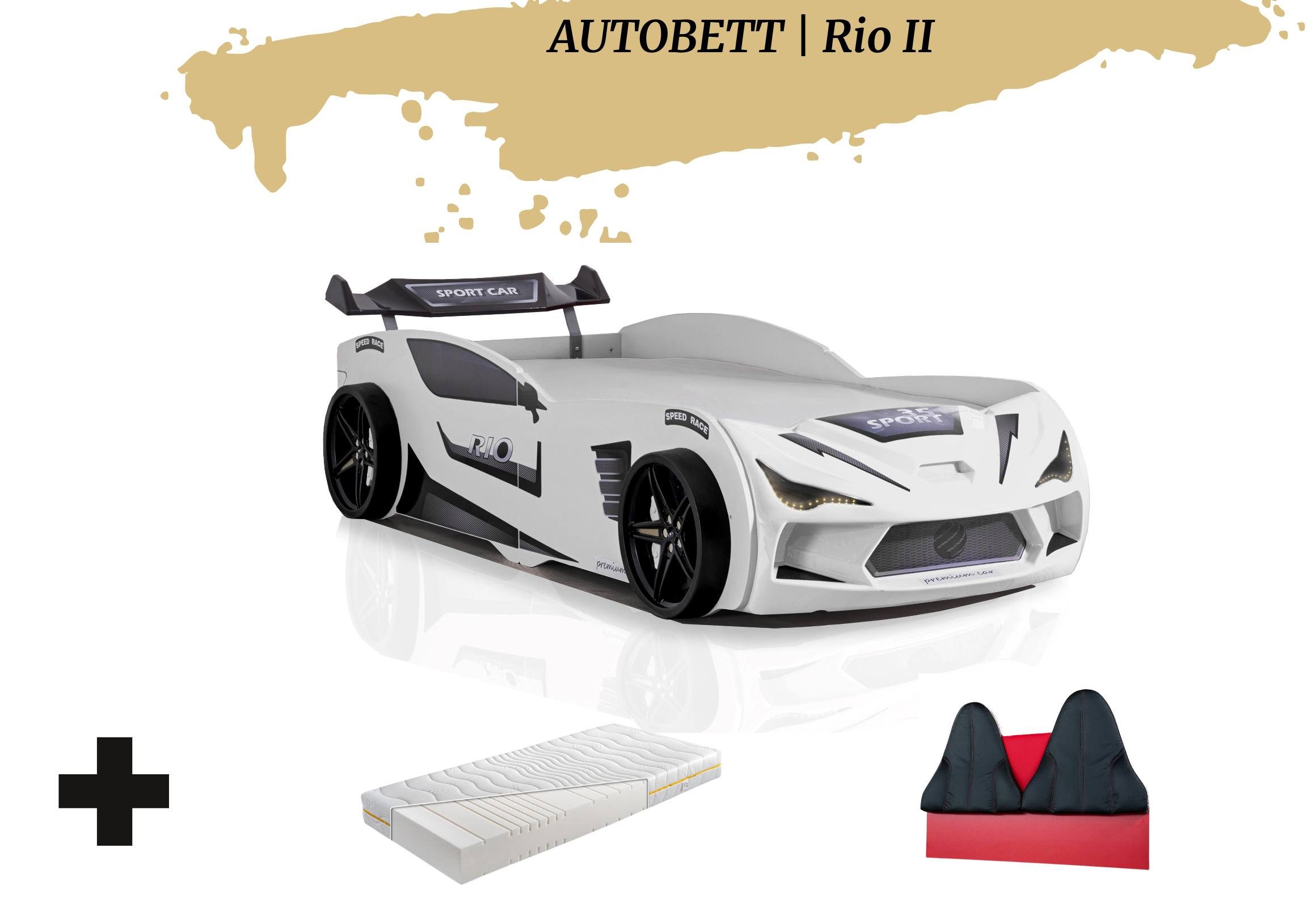 Aileenstore Autobett Rio II (3 teilig), Kinderbett 90 x 200 cm, inkl. Lattenrost, Heckspoiler LED-Beleuchtung