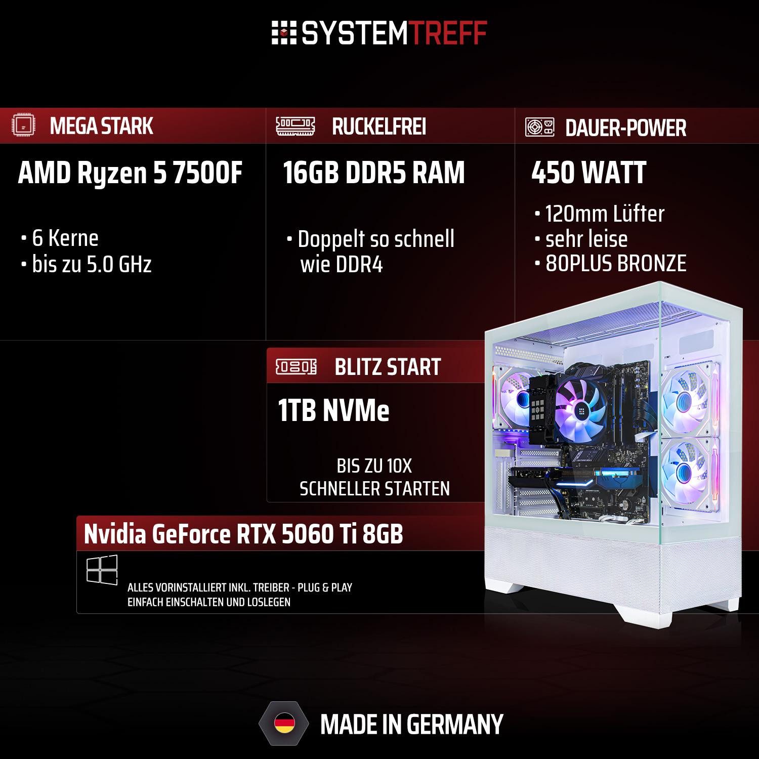 SYSTEMTREFF AMD Ryzen 5 7500F mit Nvidia GeForce RTX 5060 Ti 8GB Gaming-PC (AMD 7500F 7500F, Nvidia GeForce RTX 5060 Ti, 16 GB RAM, 1000 GB SSD, Luftkühlung)