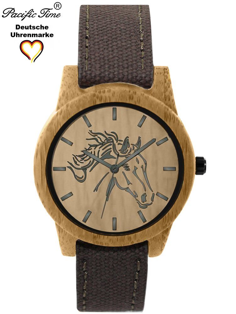 Pacific Time Quarzuhr Damenuhr analog Pferd Holz Canvas Armband, Gratis Versand