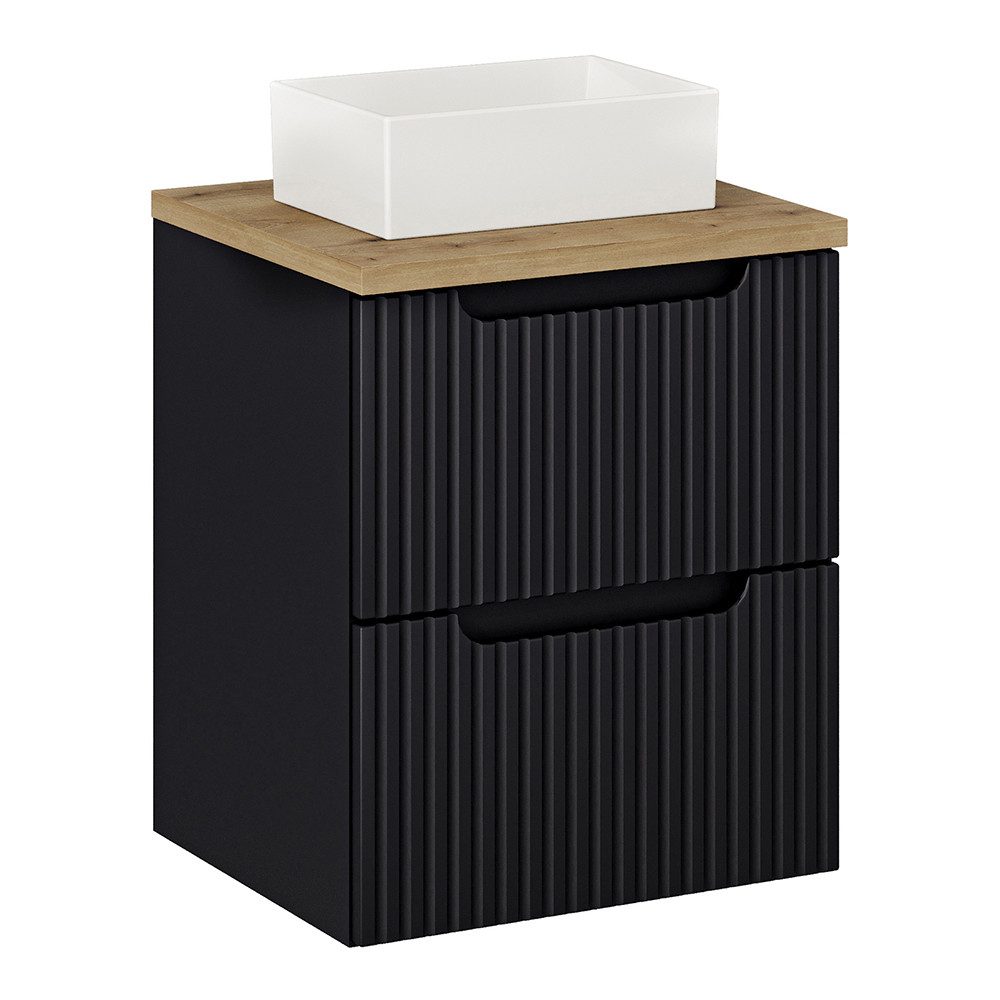 Lomadox Waschtisch NEWPORT-56-BLACK, in schwarz und Eiche, 50cm breit, gerillte Front, Keramikwaschbecken