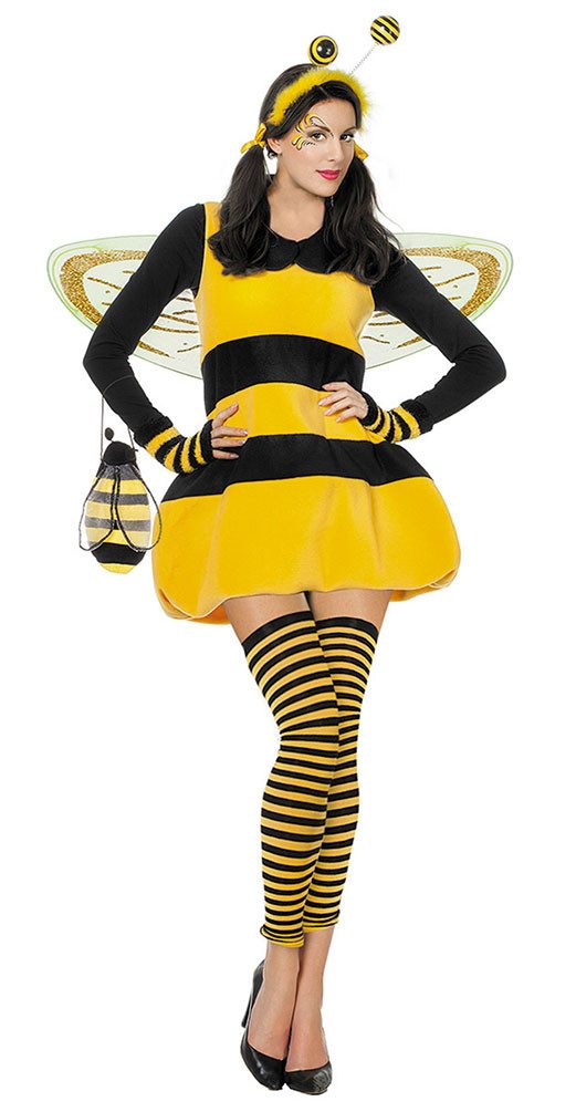 Karneval-Klamotten Kostüm Bienen Damen Bienenkleid schwarz gelb Fleece Stof günstig online kaufen