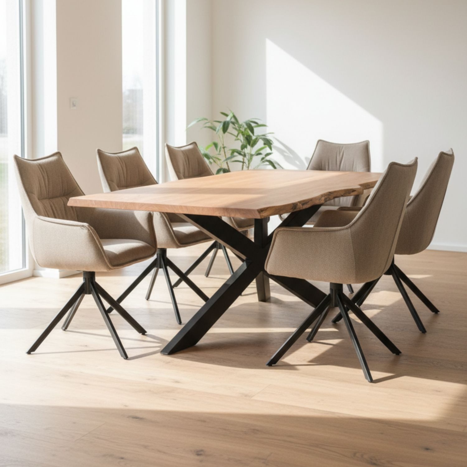 bene living Essgruppe Baumkantentisch Catania, 6er Set Diningsessel Ginosa hellgrau, (Indoormöbelset, 7-tlg), Akazienholz - Esszimmer, Wohnzimmer, Büro