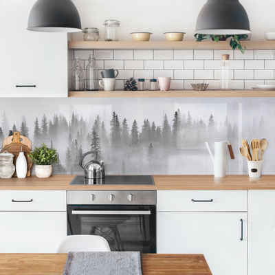Bilderdepot24 Küchenrückwand schwarz-weiß dekor Bäume Wald Natur Wandpaneel Nebel im Tannenwald, (1-tlg., Nischenrückwand - für Fliesenspiegel ohne Bohren - matt), Spritzschutz Rückwand Küche Herd - Folie selbstklebend versch. Größen