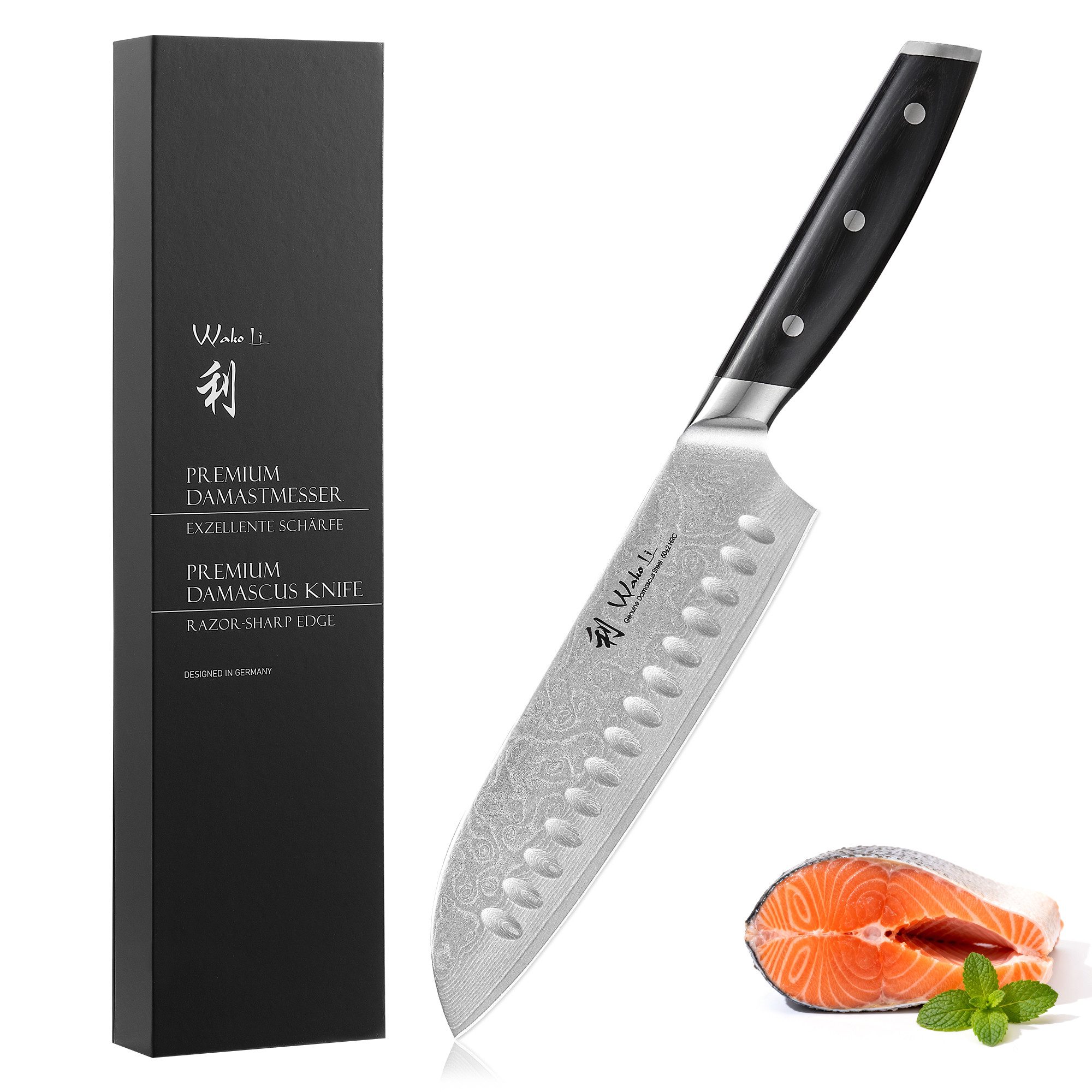 Wakoli Damastmesser Ishi Santoku Kochmesser 18 cm Klinge Full-Tang Pakkaholzgriff, Damast Küchenmesser für Fleisch, Fisch und Gemüse in Geschenkbox