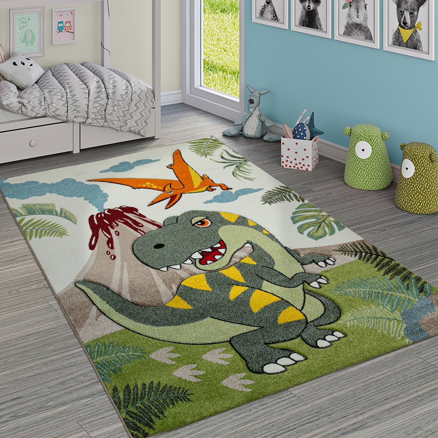 KADIMA DESIGN Kinderteppich Dinosaurier Kinderzimmer schmutzabweisend Teppich Kinder, Rechteckig, Höhe: 16 mm, Florhöhe: 12 mm, 100% Polypropylen, Rechteckig, 160x230cm, Grün