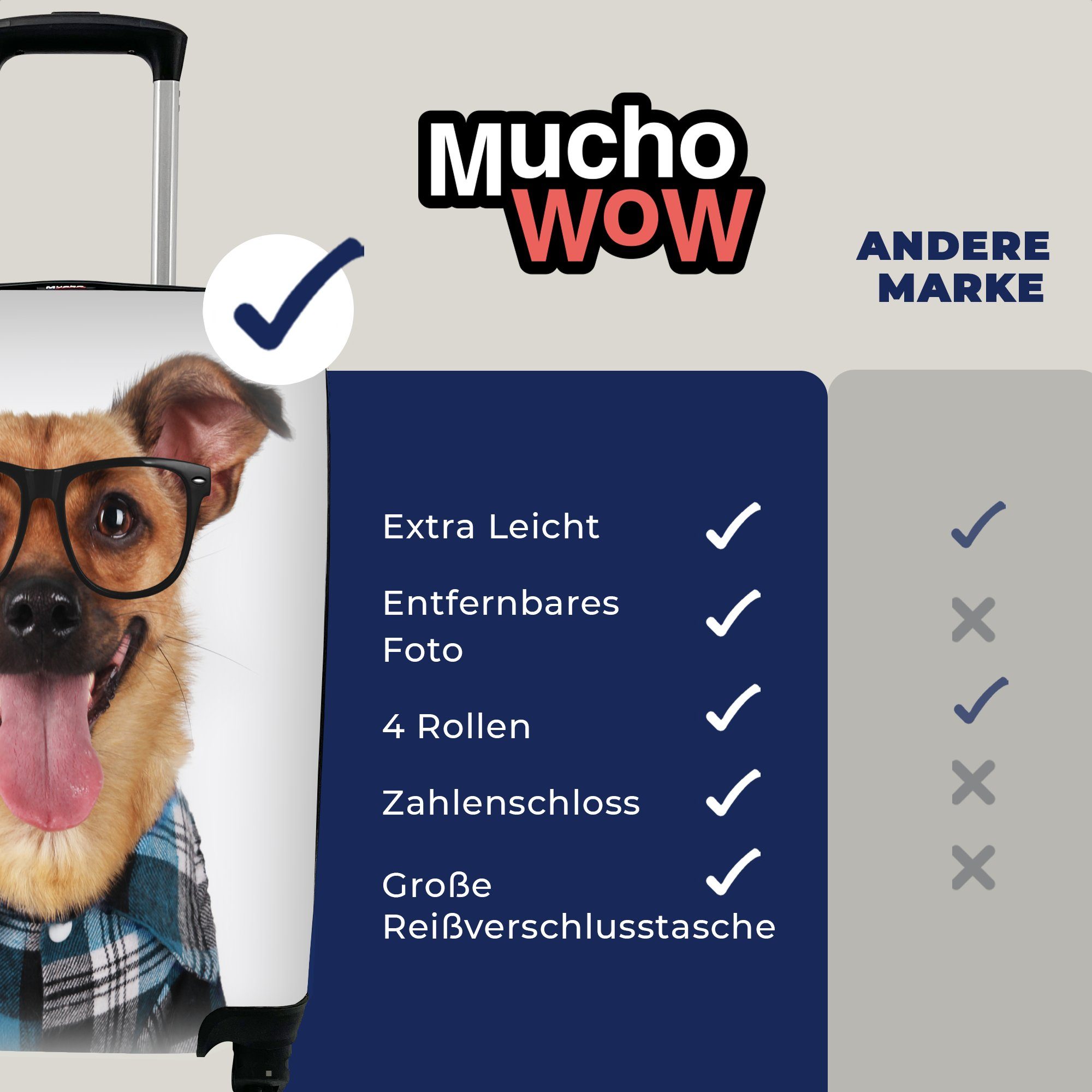 Ferien, Handgepäck - 4 Brille Reisekoffer Hipster, MuchoWow Rollen, Trolley, Reisetasche für rollen, - mit - Handgepäckkoffer Hund Bluse