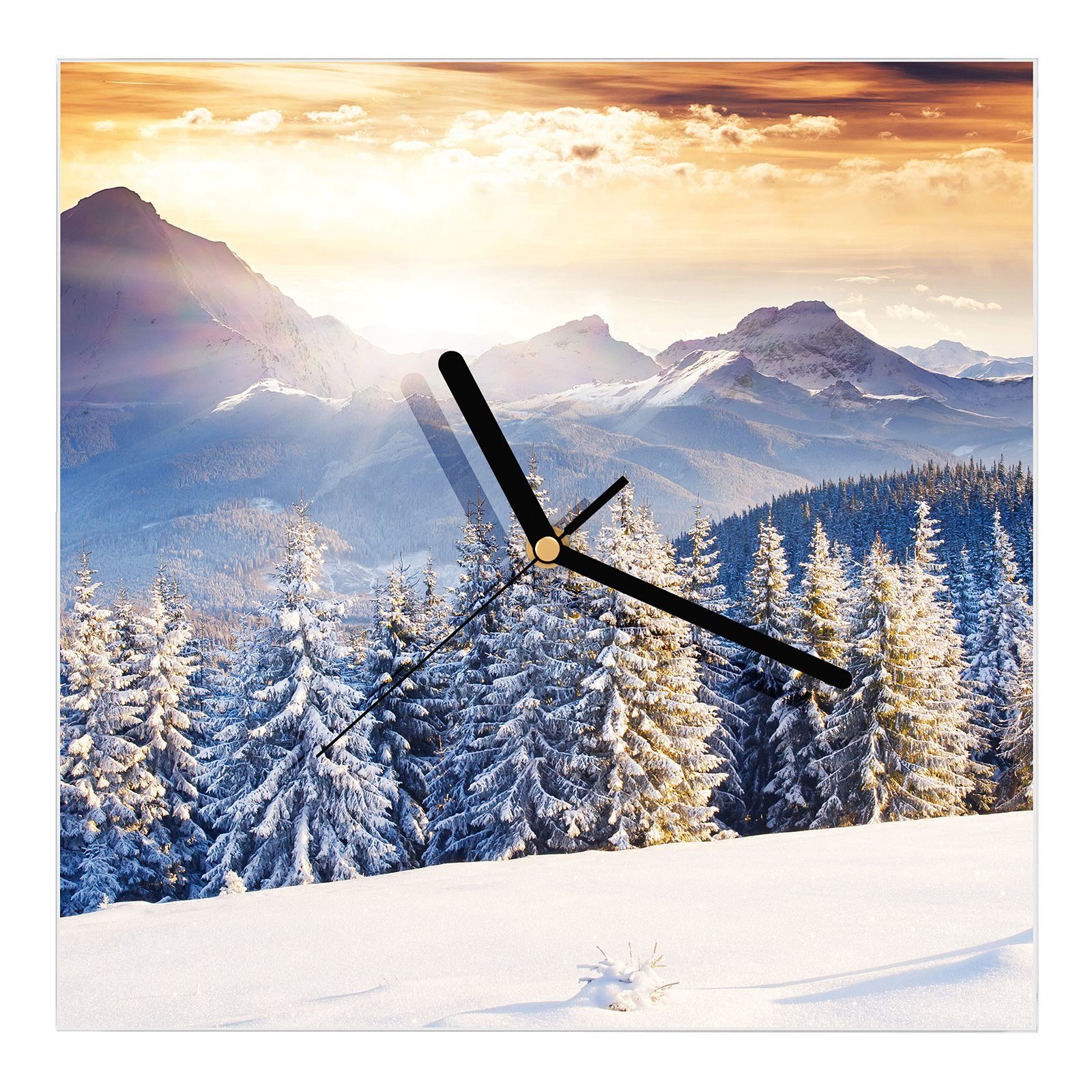 Wanduhr Winterlandschaft mit Wandkunst Glasuhr Primedeco Größe x 30 cm bei Sonne Wanduhr Motiv 30