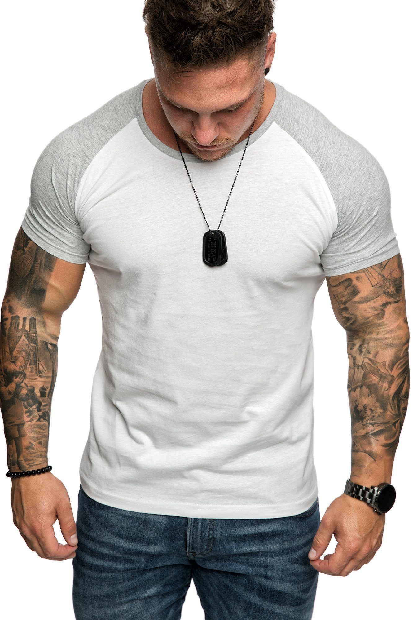 Amaci&Sons mit SALEM T-Shirt Raglan Shirt Weiß/Grau Rundhalsausschnitt T-Shirt Basic Raglan Herren mit Basic Rundhalsausschnitt